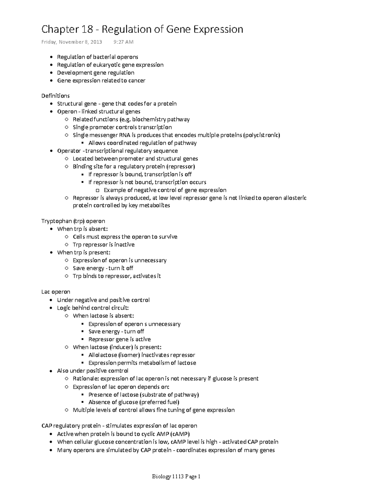 Biology 1113 ch 18 Lecture notes chapter 18 Warning TT