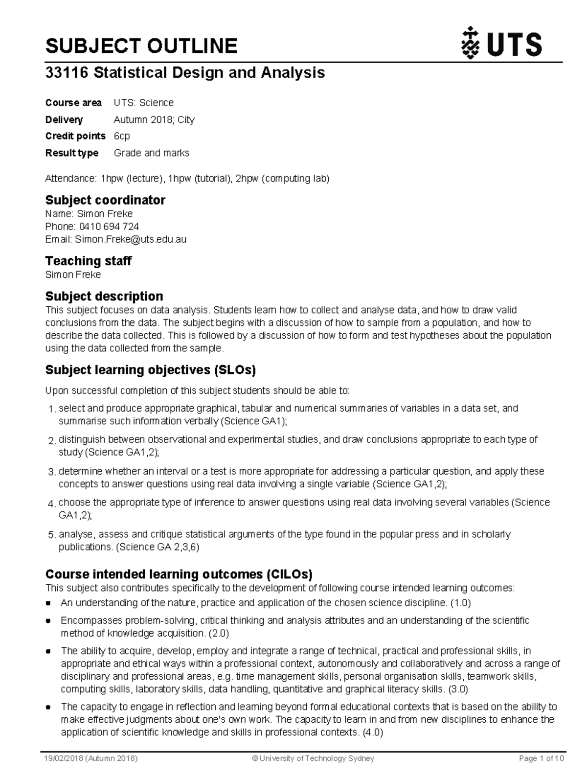 Statistical Design and Analysis Subject Outline - SUBJECT OUTLINE 33116 ...