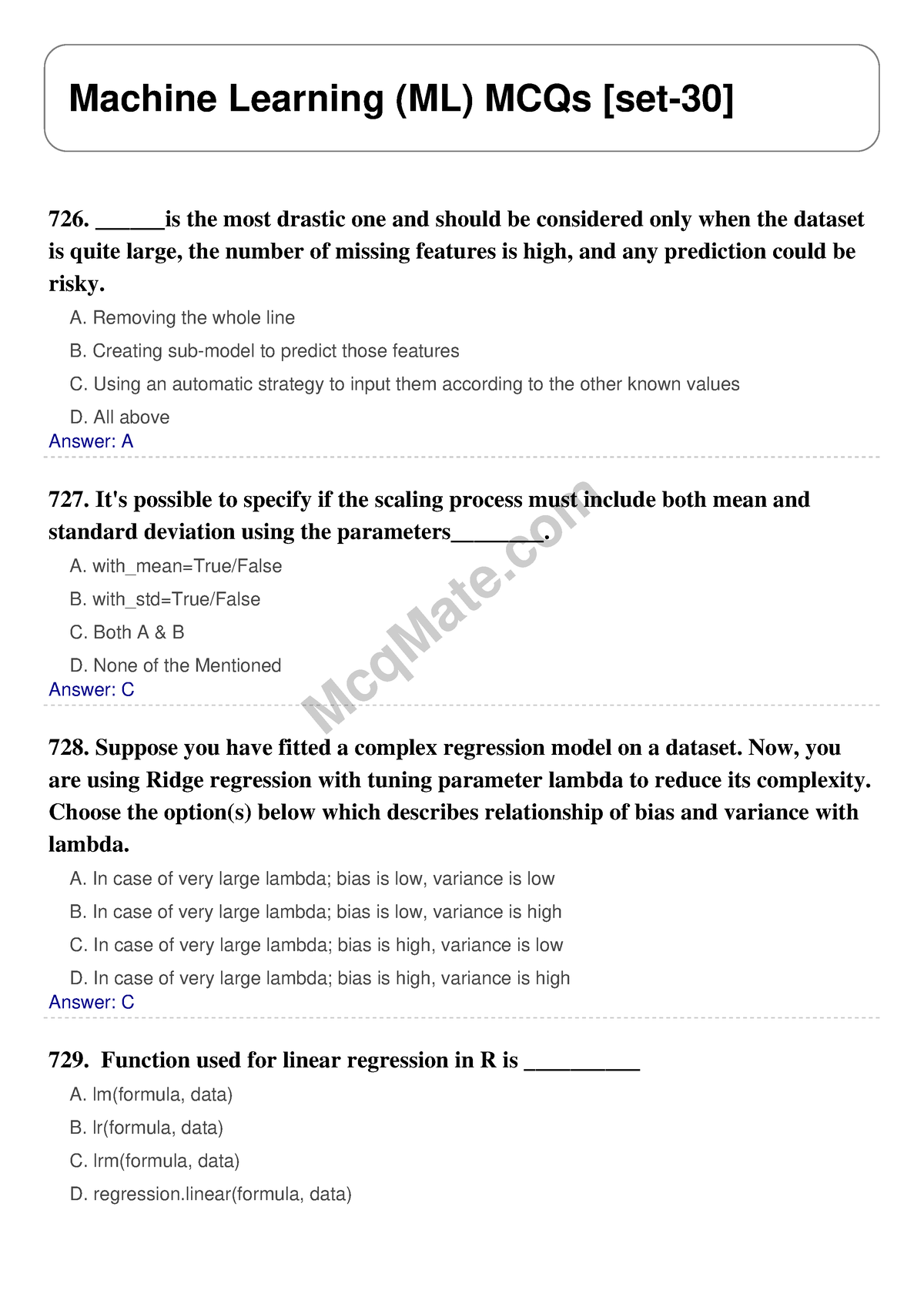 Machine Learning (ML) Solved MCQs [set-30] Mcq Mate.com - McqMate ...