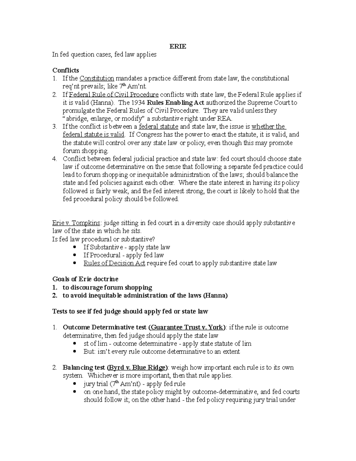 Choice of Law Civ Pro notes and application - ERIE In fed question ...