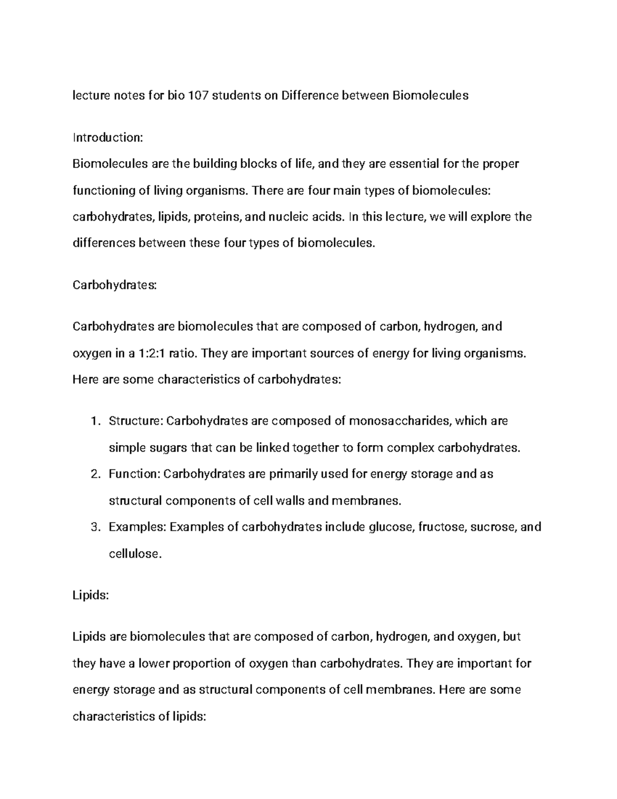 Lecture notes for bio 107 students on Difference between Biomolecules
