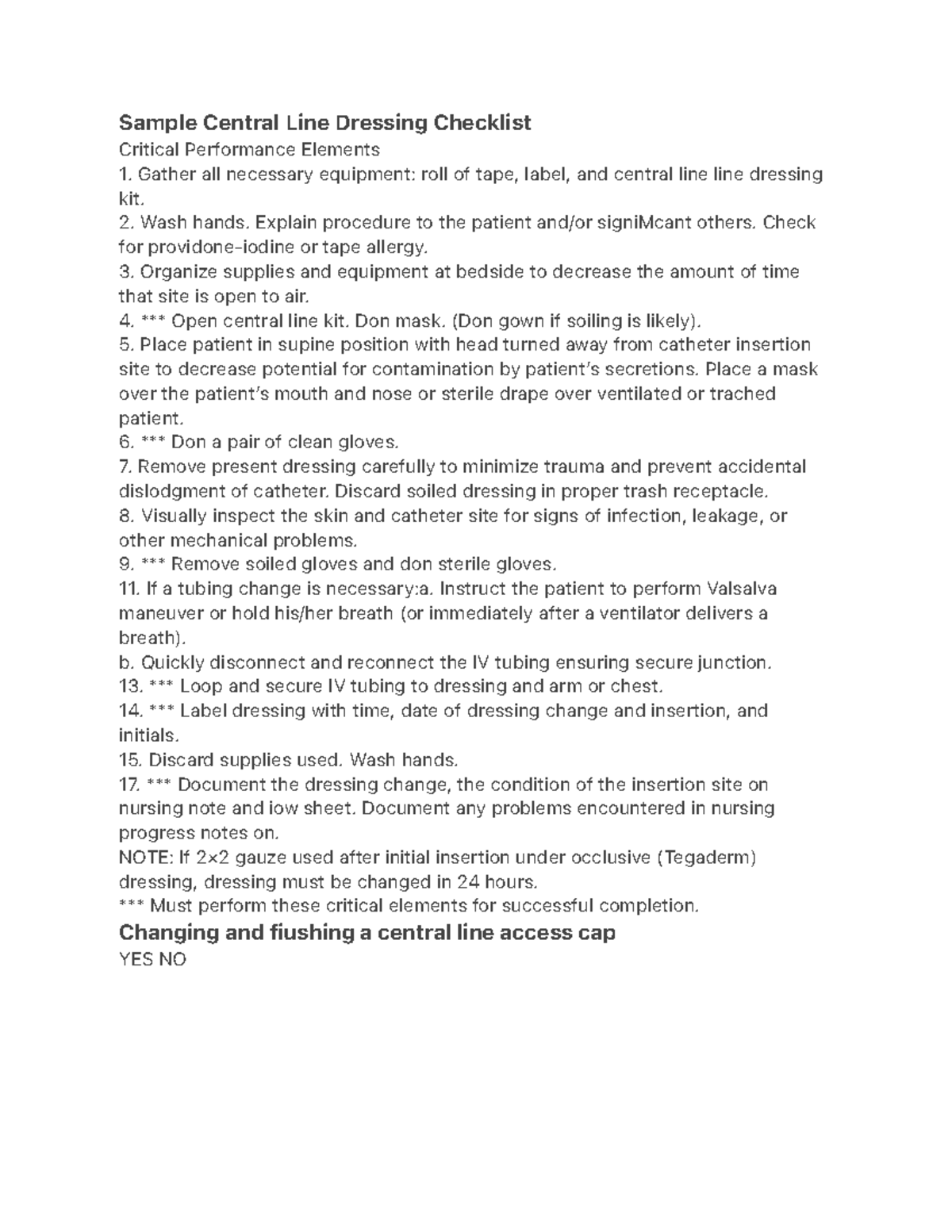 Sample Central Line Dressing Checklist Sample Central Line Dressing Checklist Critical