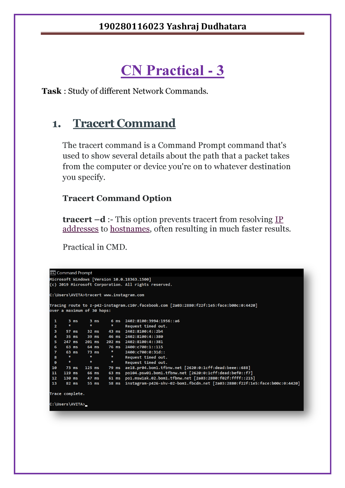 Computer Networks Practical-3 Study Of Basic Network Command And ...