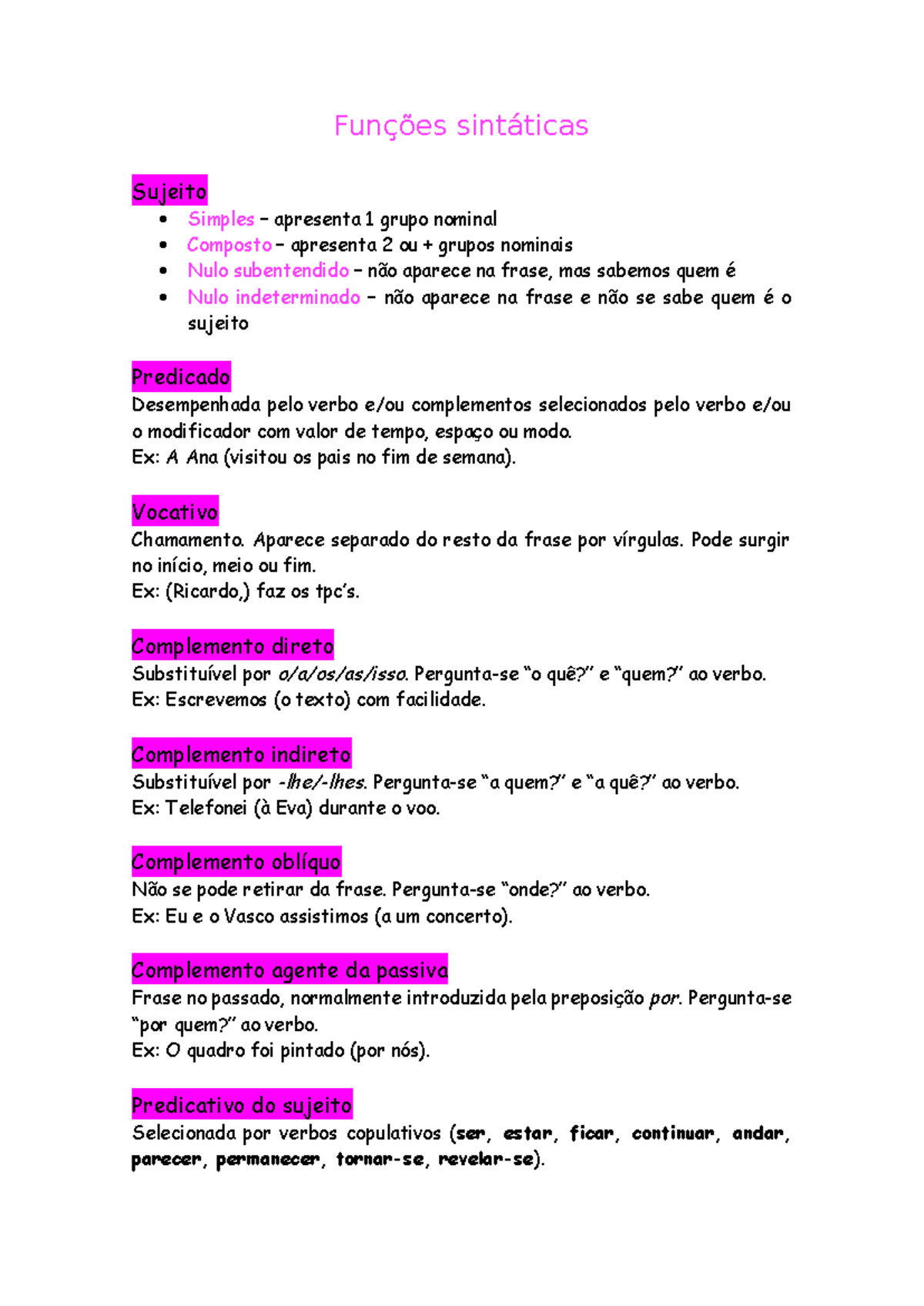 Resumo português 8:2:24 - Funções sintáticas Sujeito Simples ...