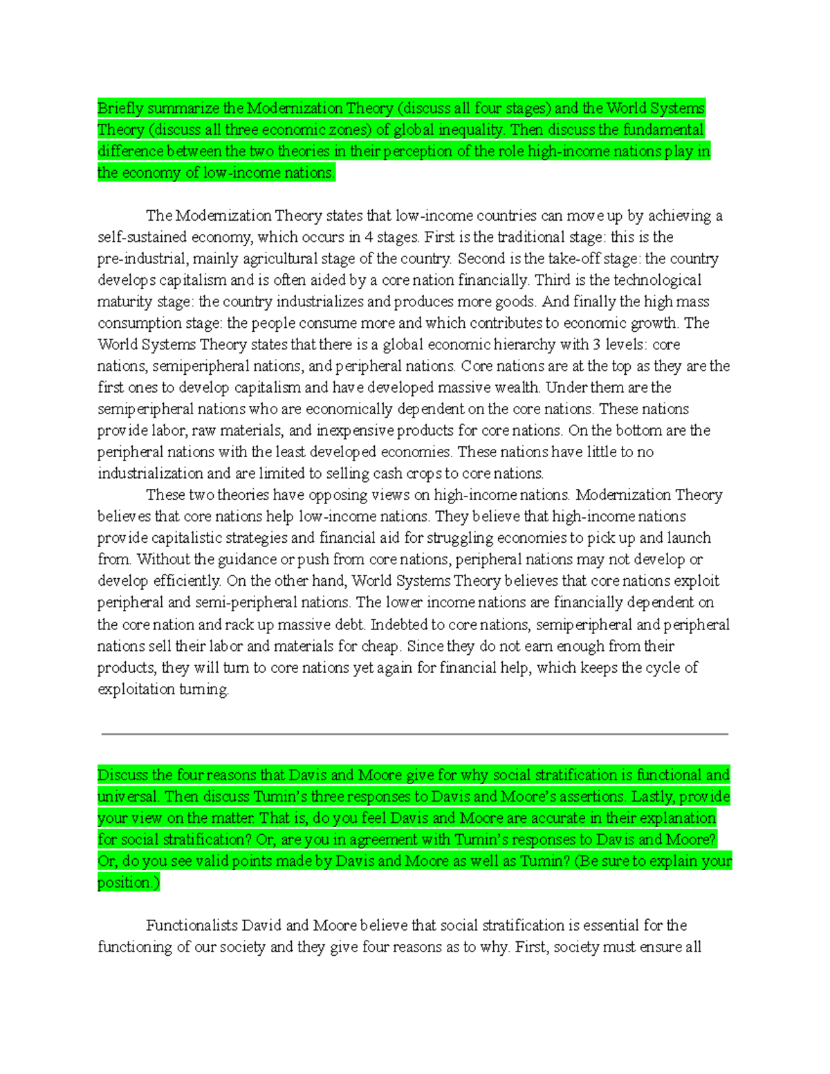 Socio Exam 3 Essay s Briefly summarize the Modernization Theory (discuss all four stages) and