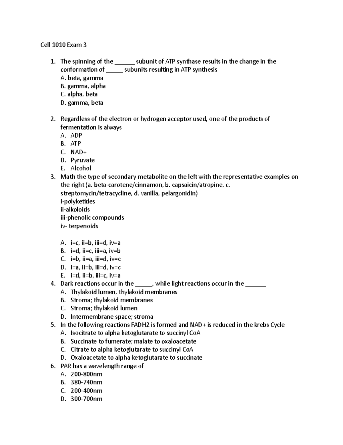 Cell 1010 Exam 3 - Cellular respiration, photosynthesis, mitosis - Cell ...