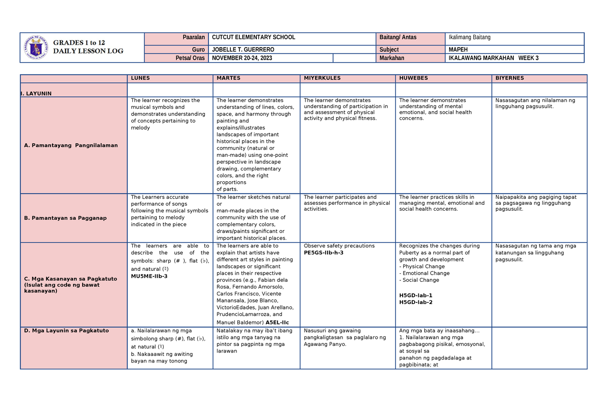 DLL WEEK 3 Mapeh - DLL - Paaralan CUTCUT ELEMENTARY SCHOOL Baitang ...
