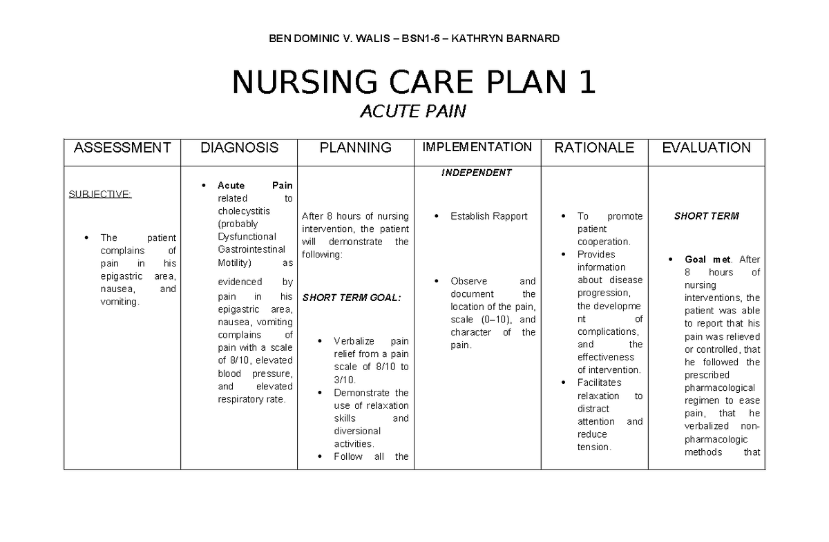 NCP in Hospital - BEN DOMINIC V. WALIS – BSN1-6 – KATHRYN BARNARD ...