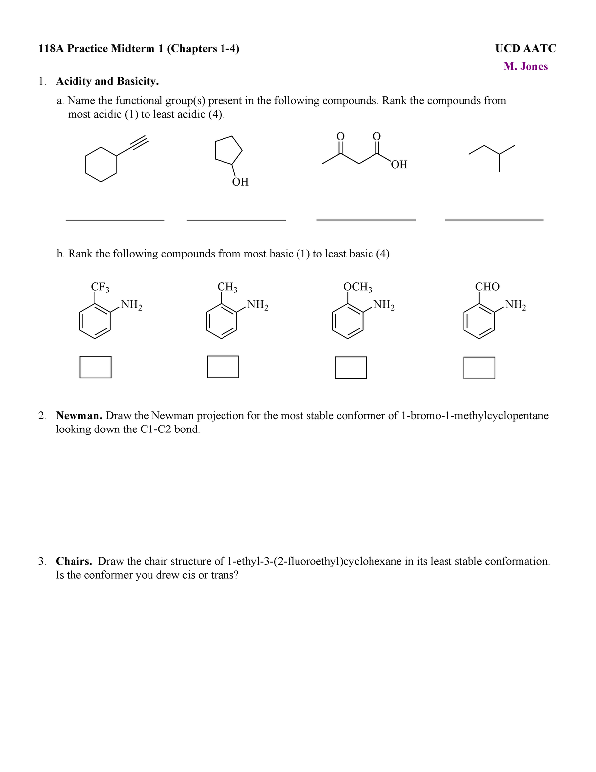 118A AATC MT1a - mid term 1 - Acidity and Basicity. Newman. Draw the ...