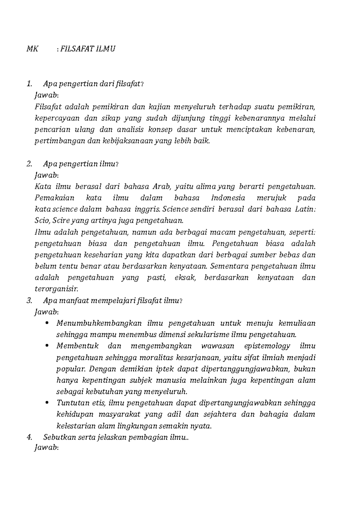 MATA KULIAH FILSAFAT ILMU - MK : FILSAFAT ILMU Apa Pengertian Dari ...