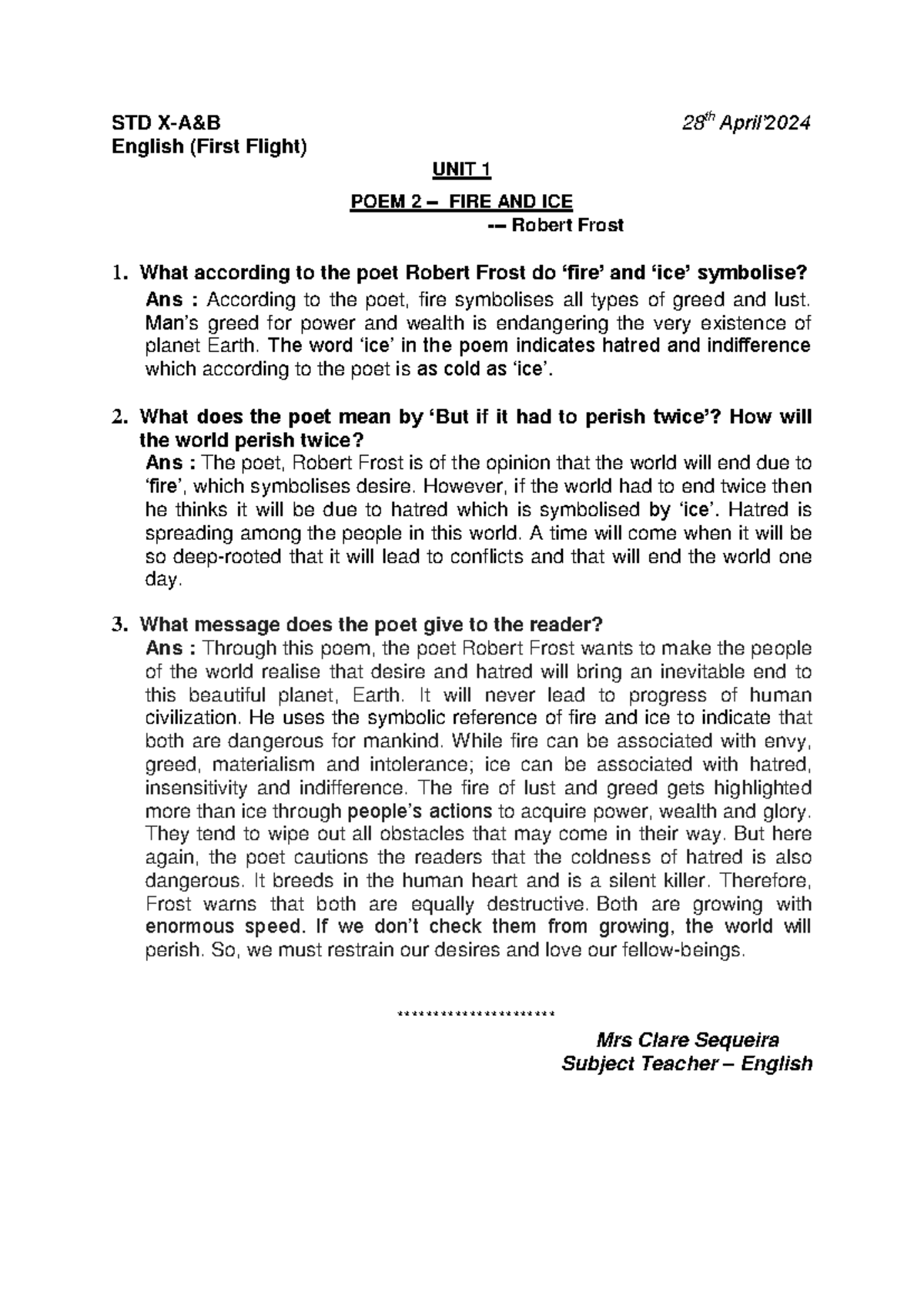 Unit 1, Poem 2 Fire and Ice (First Flight) STD XA&B 28 th April