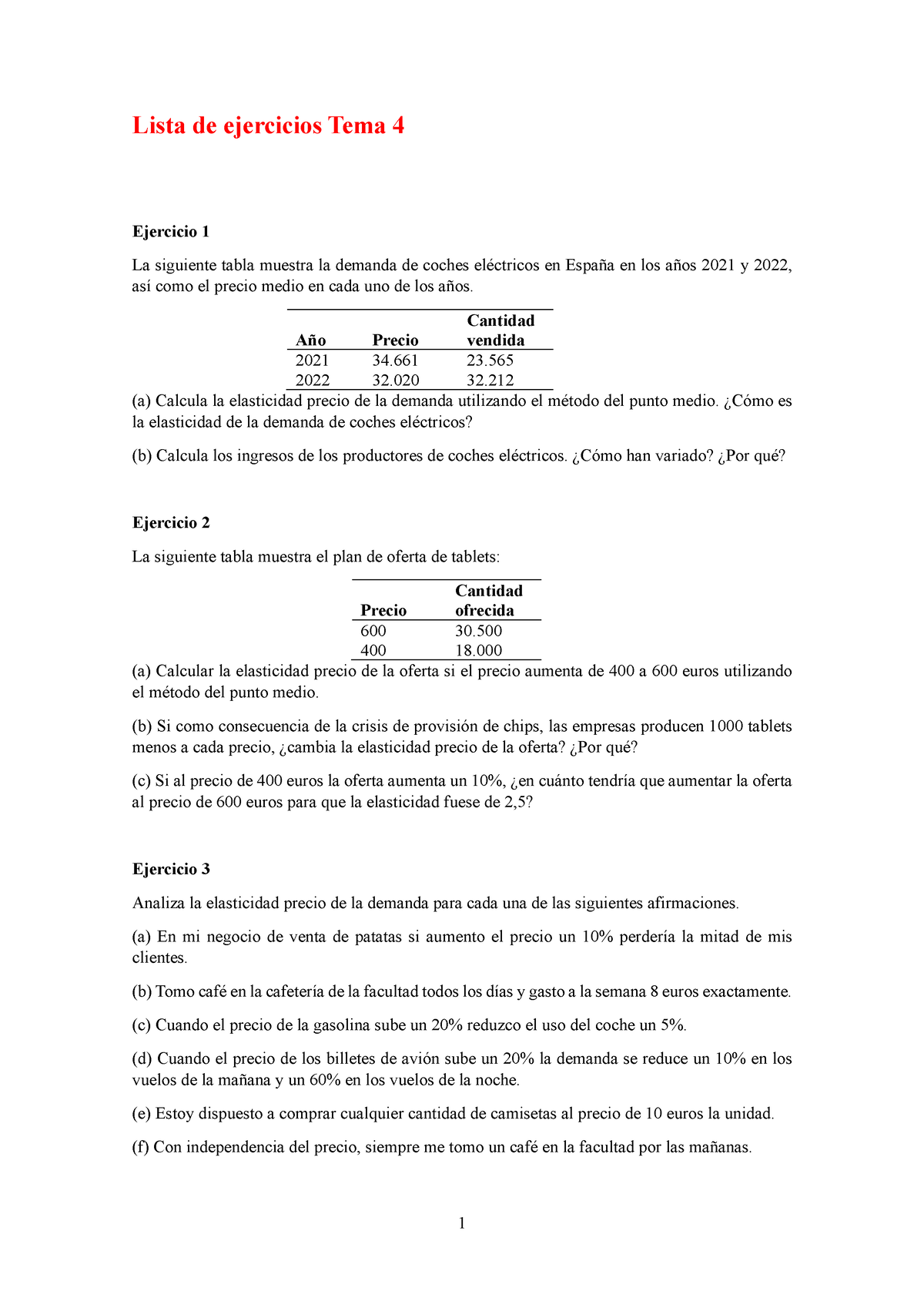 Elasticidad Pp Lista De Ejercicios Tema Ejercicio La Siguiente