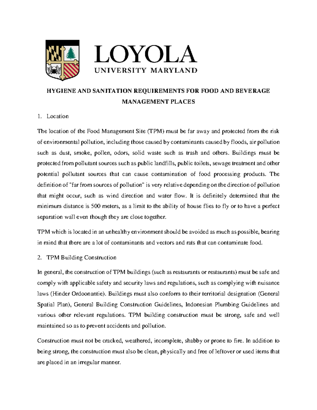 Hygiene AND Sanitation Requirements FOR FOOD AND Beverage Management