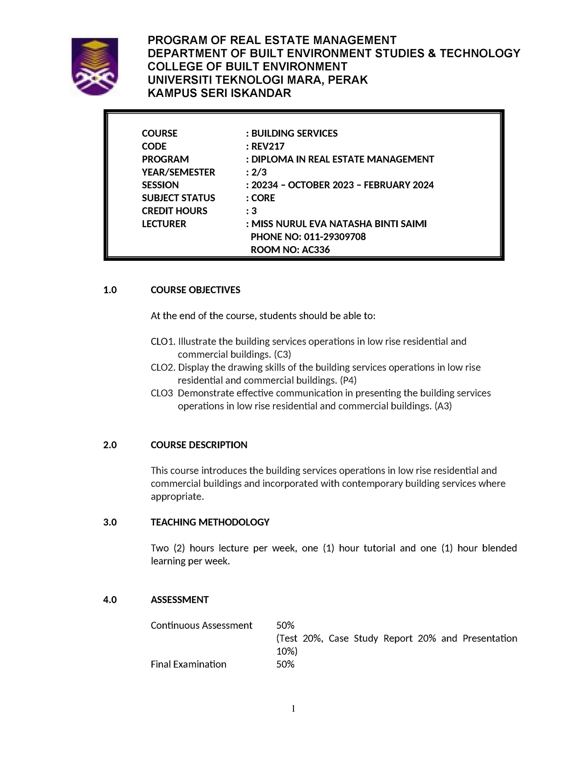 REV217 Lecture Plan Oct 2023 - PROGRAM OF REAL ESTATE MANAGEMENT ...