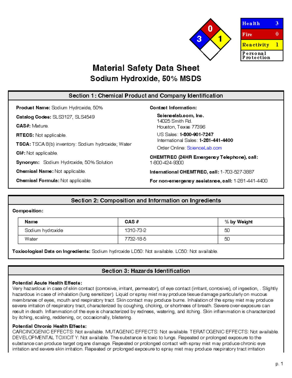 SodiumHydroxide MSDS p. 1 0 3 1 He a lth Fire Re a ctiv ity Pe rs
