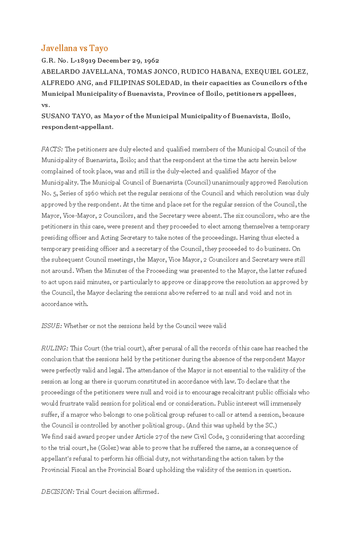 Javellana vs Tayo - No. L-18919 December 29, 1962 ABELARDO JAVELLANA ...