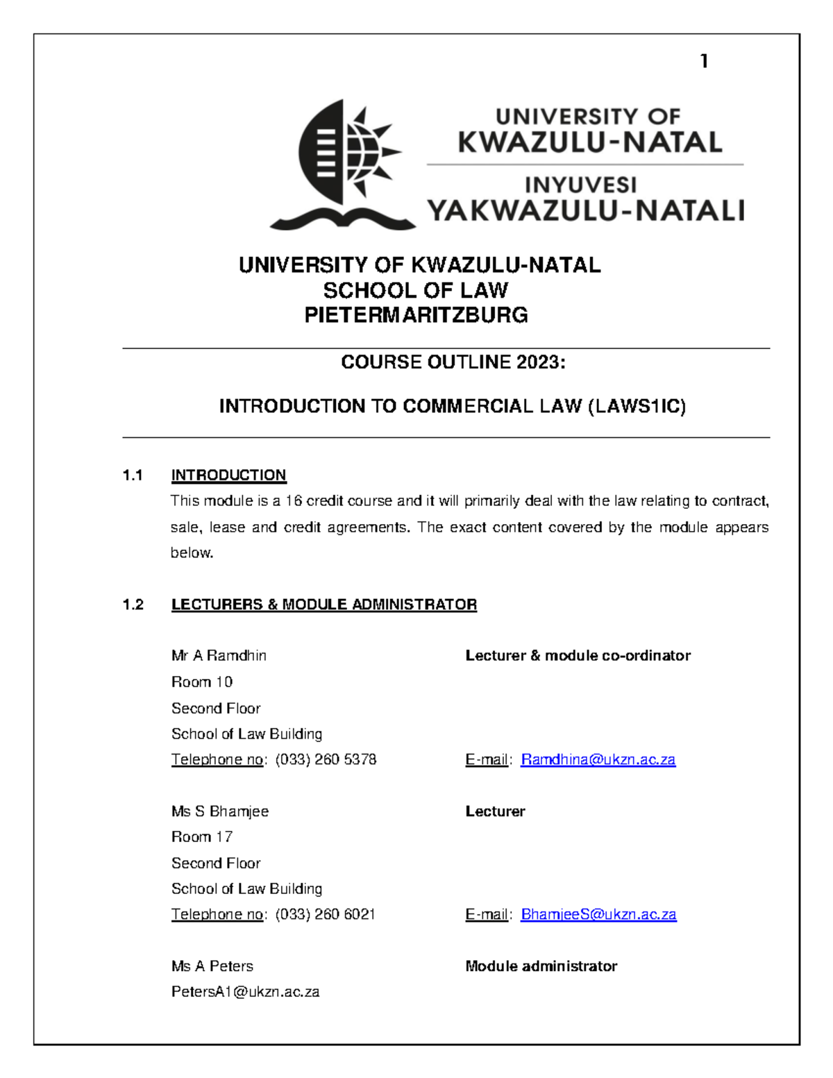 2023 Intro TO COMM LAW (FULL-TIME) nm - UNIVERSITY OF KWAZULU-NATAL ...