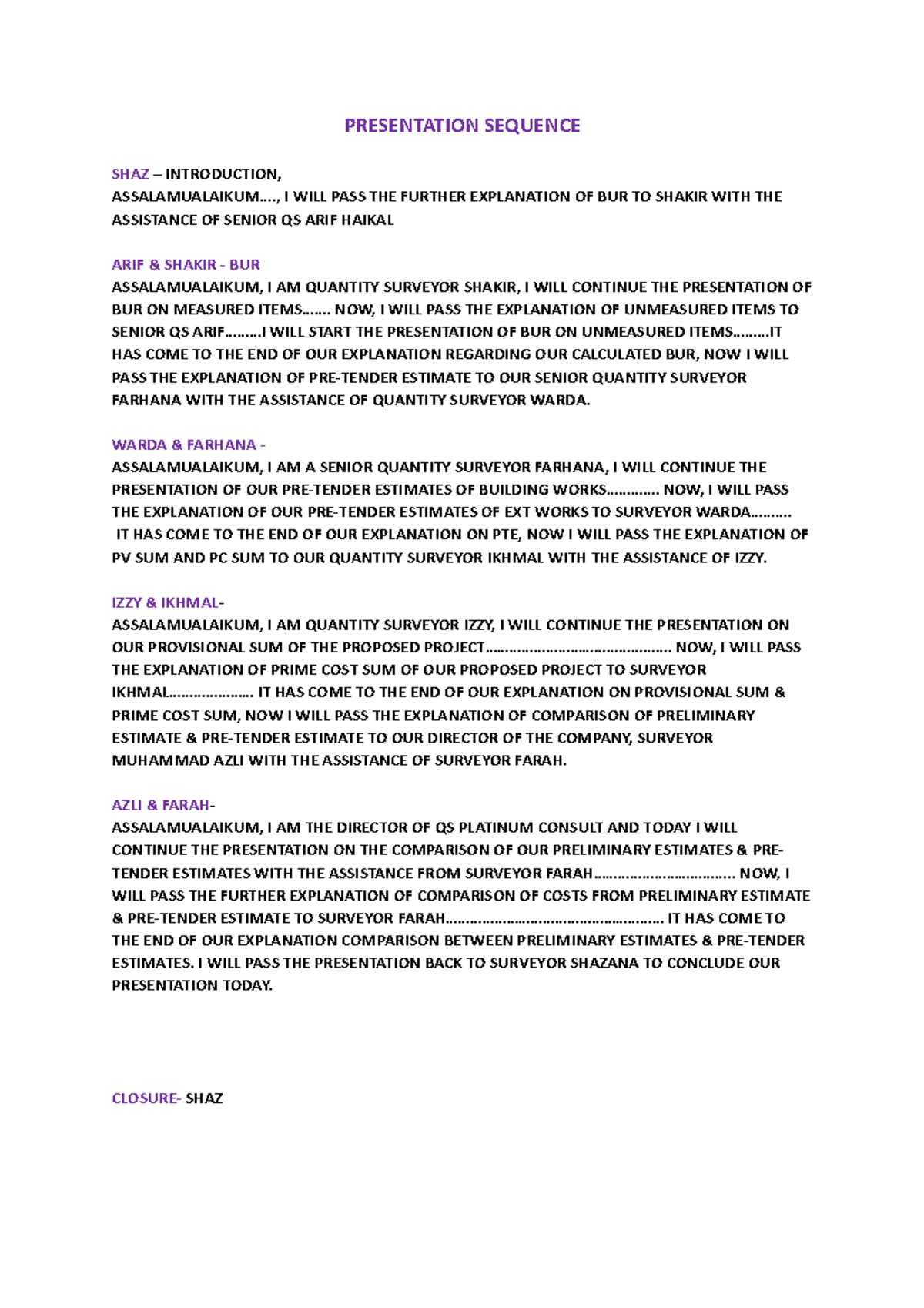 Script FOR Presentation - PRESENTATION SEQUENCE SHAZ – INTRODUCTION ...