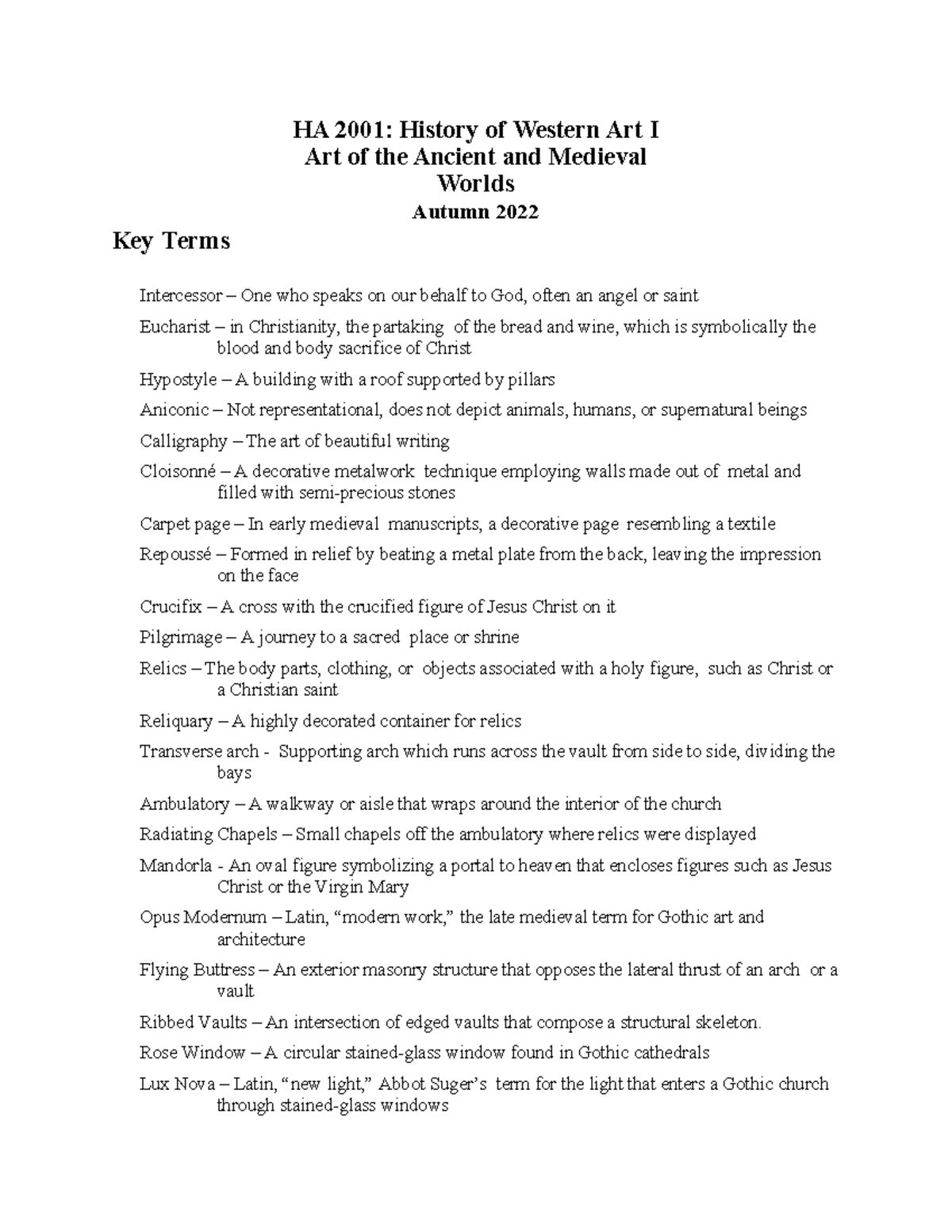 Study Guide for Fourth Material Quiz HA 2001 History of Western Art