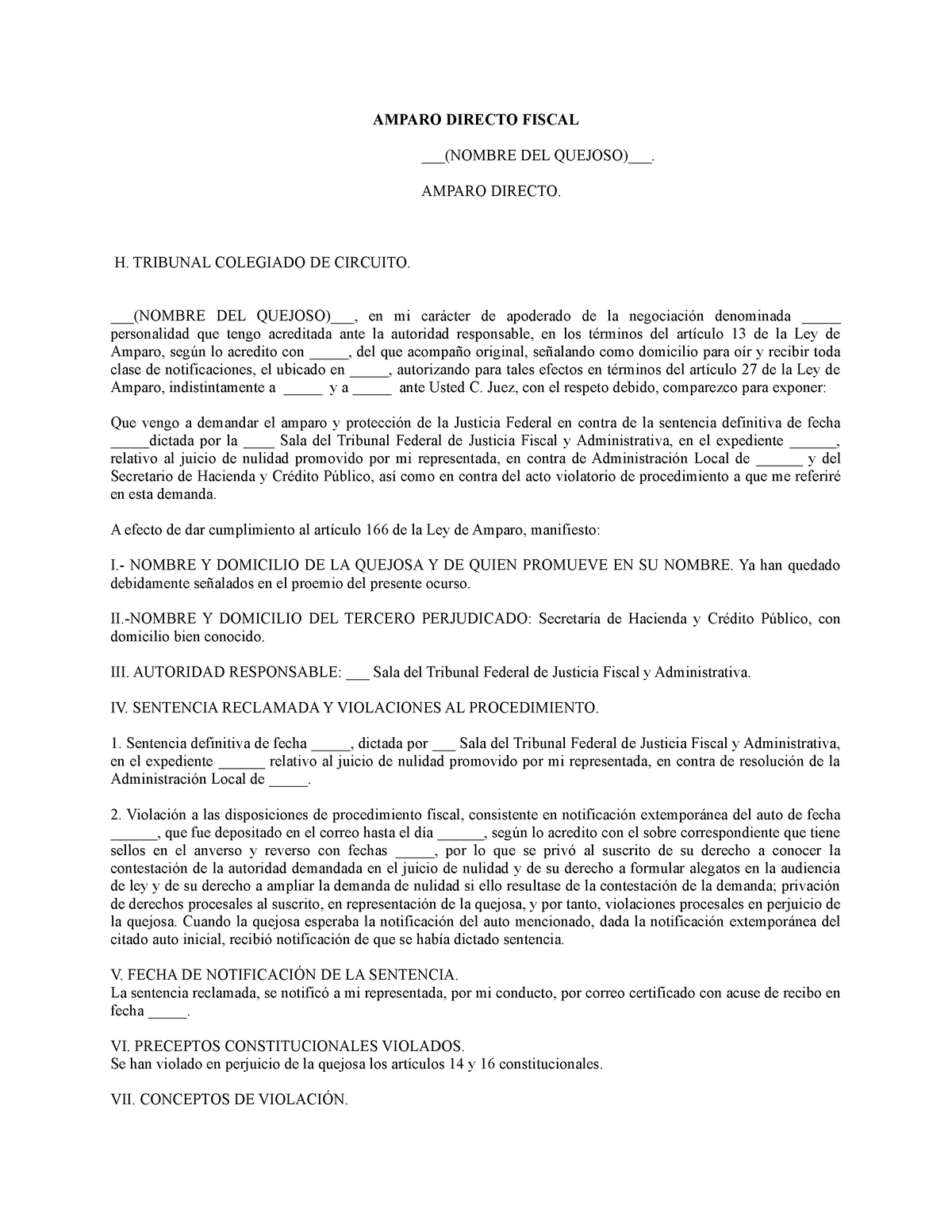 Amparo Directo Fiscal Amparo Directo Fiscal Nombre Del Quejoso Amparo Directo H Tribunal 0190