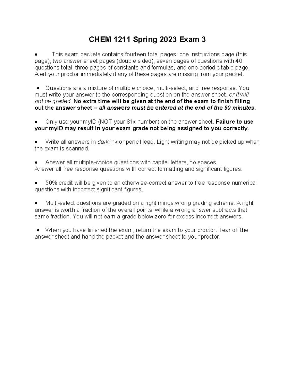 CHEM 1211 Exam 3 - Key - Previous Exam Key - CHEM 1211 Spring 2023 Exam ...