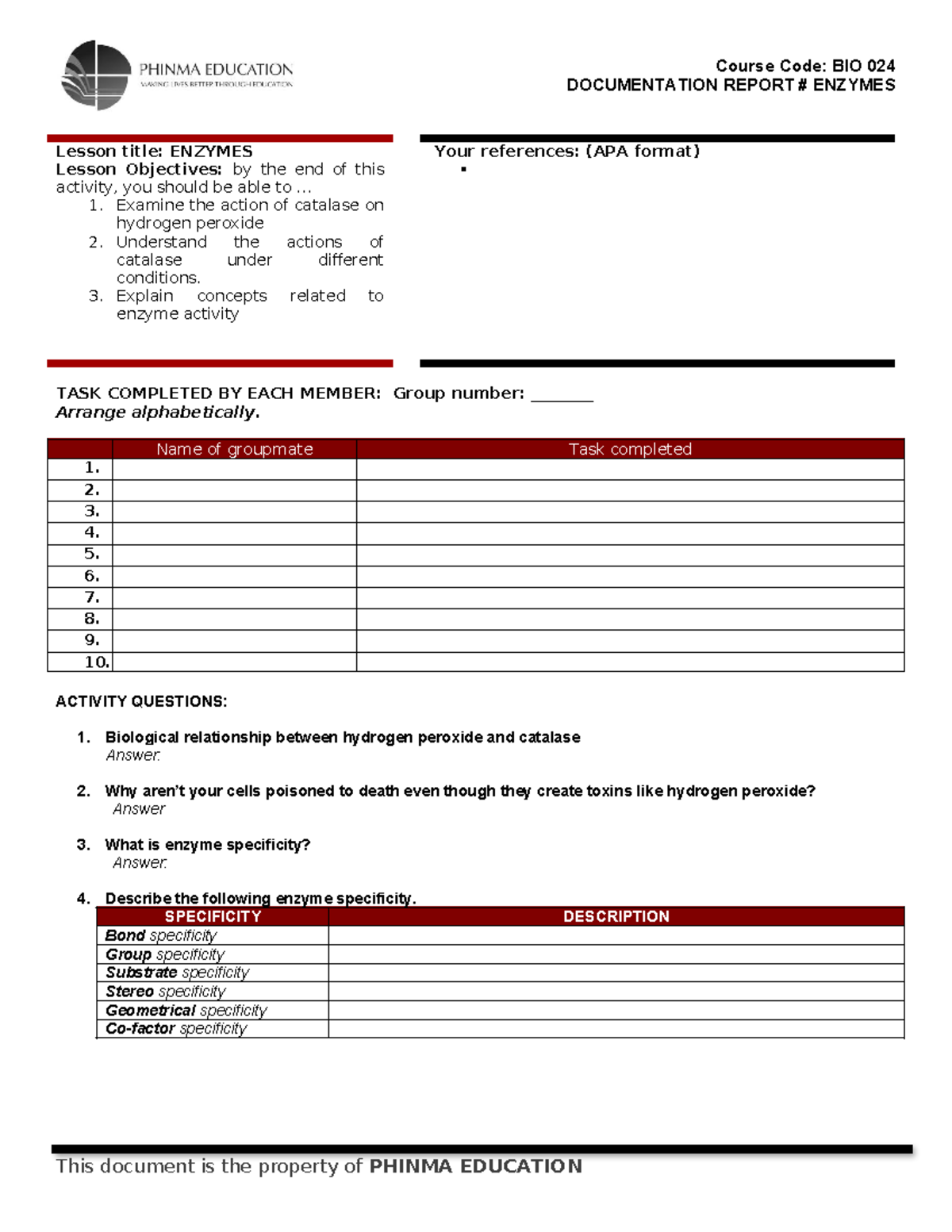 DOCU. Enzymes DOCUMENTATION REPORT ENZYMES Lesson title ENZYMES