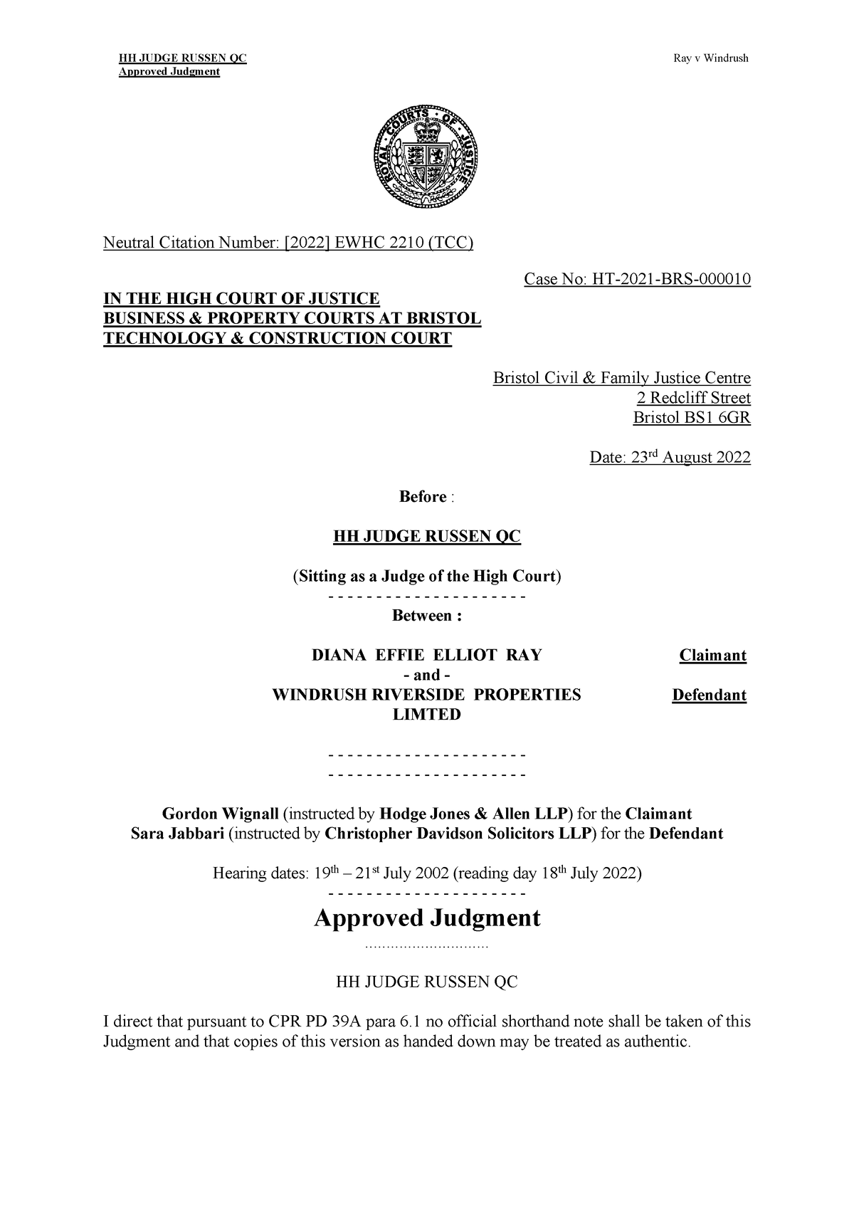 Ray V Windrush Riverside Properties Ltd - Approved Judgment Neutral ...