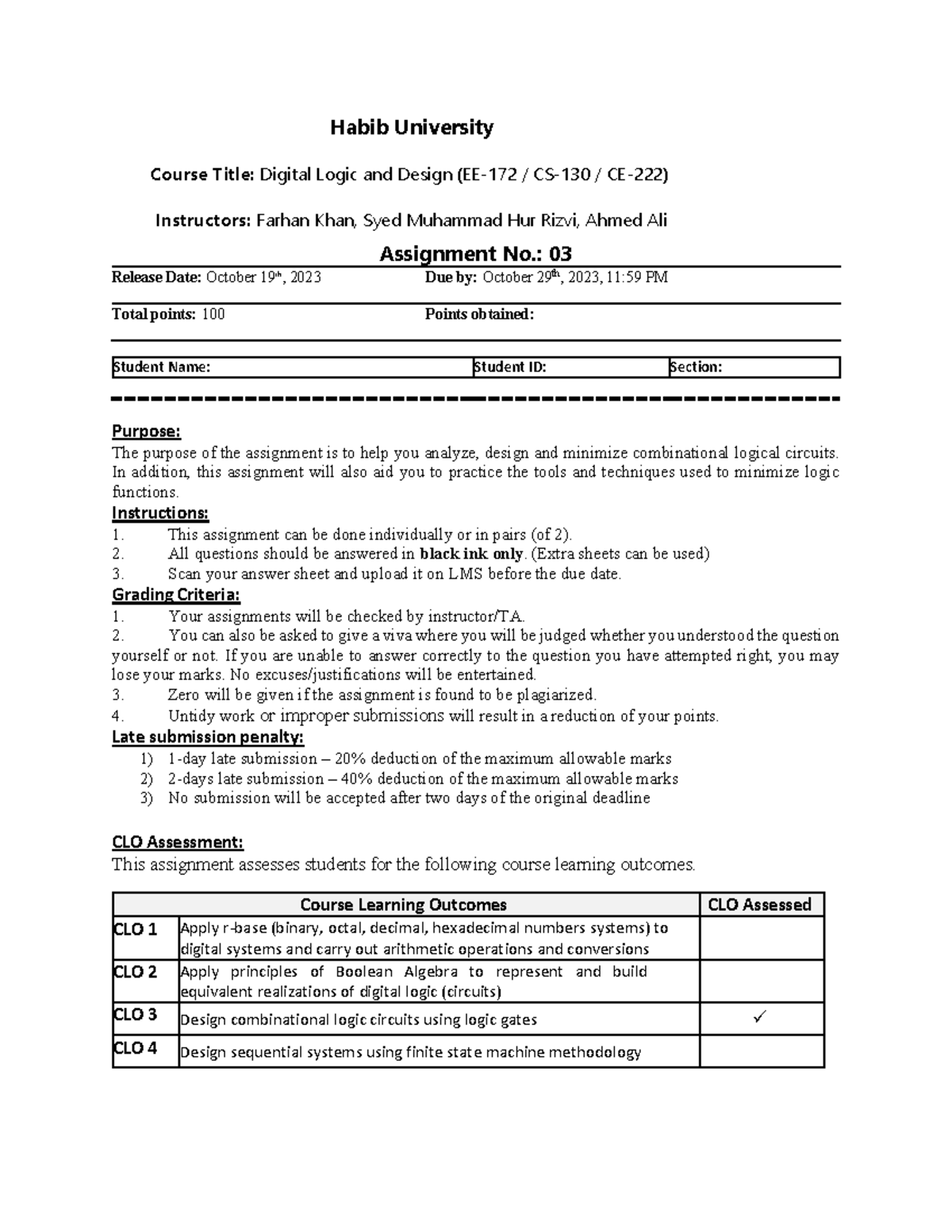 DLD++Assignment+3+v3 - Habib University Course Title: Digital Logic and ...