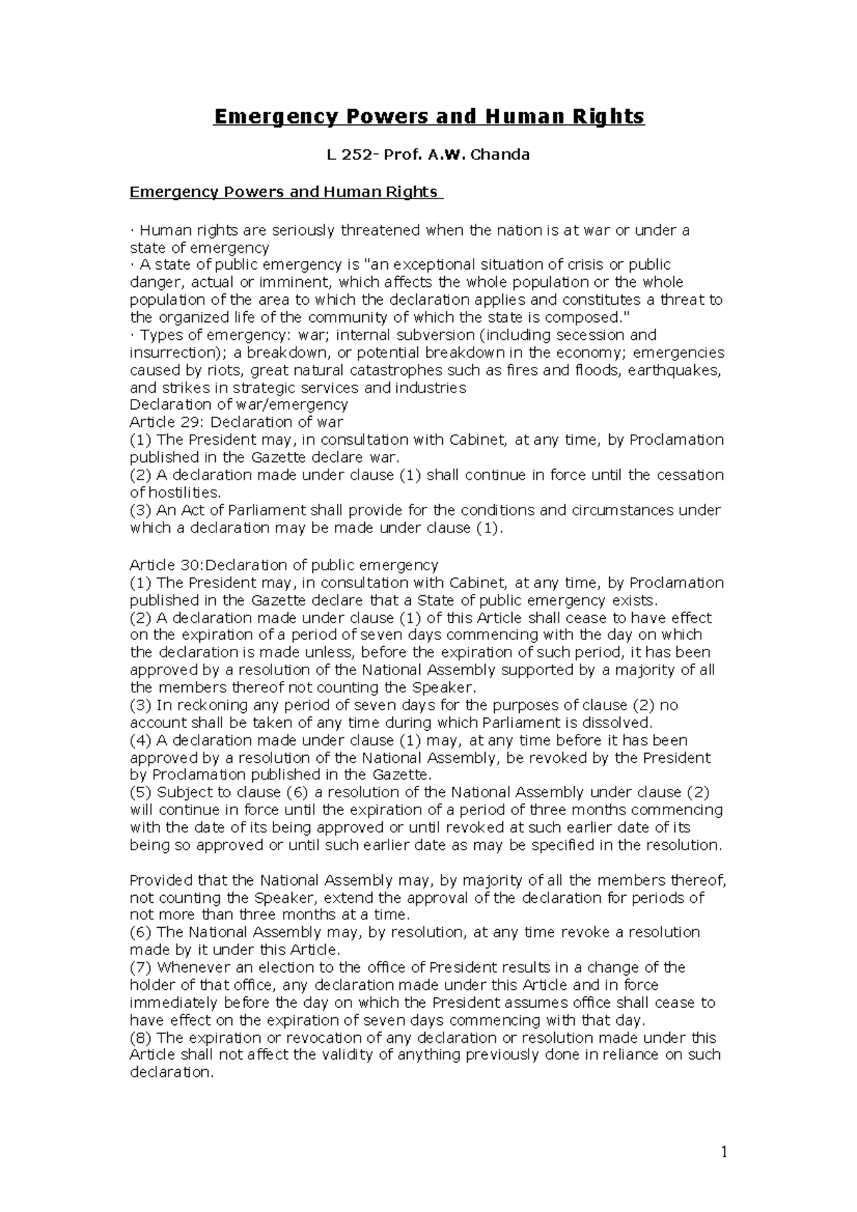 Emergency Powers and Human Rights - Human Rights Law - UNZA - Studocu