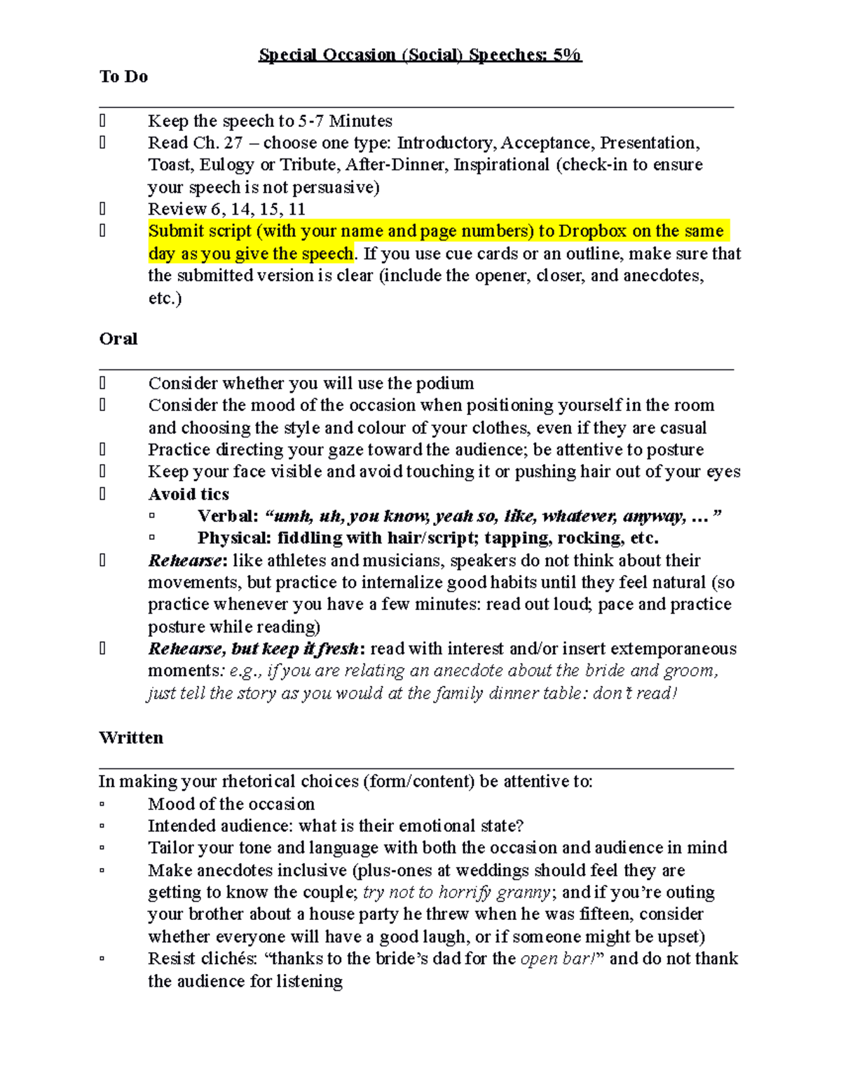 Special Occasion Speech Instructions Special Occasion (Social