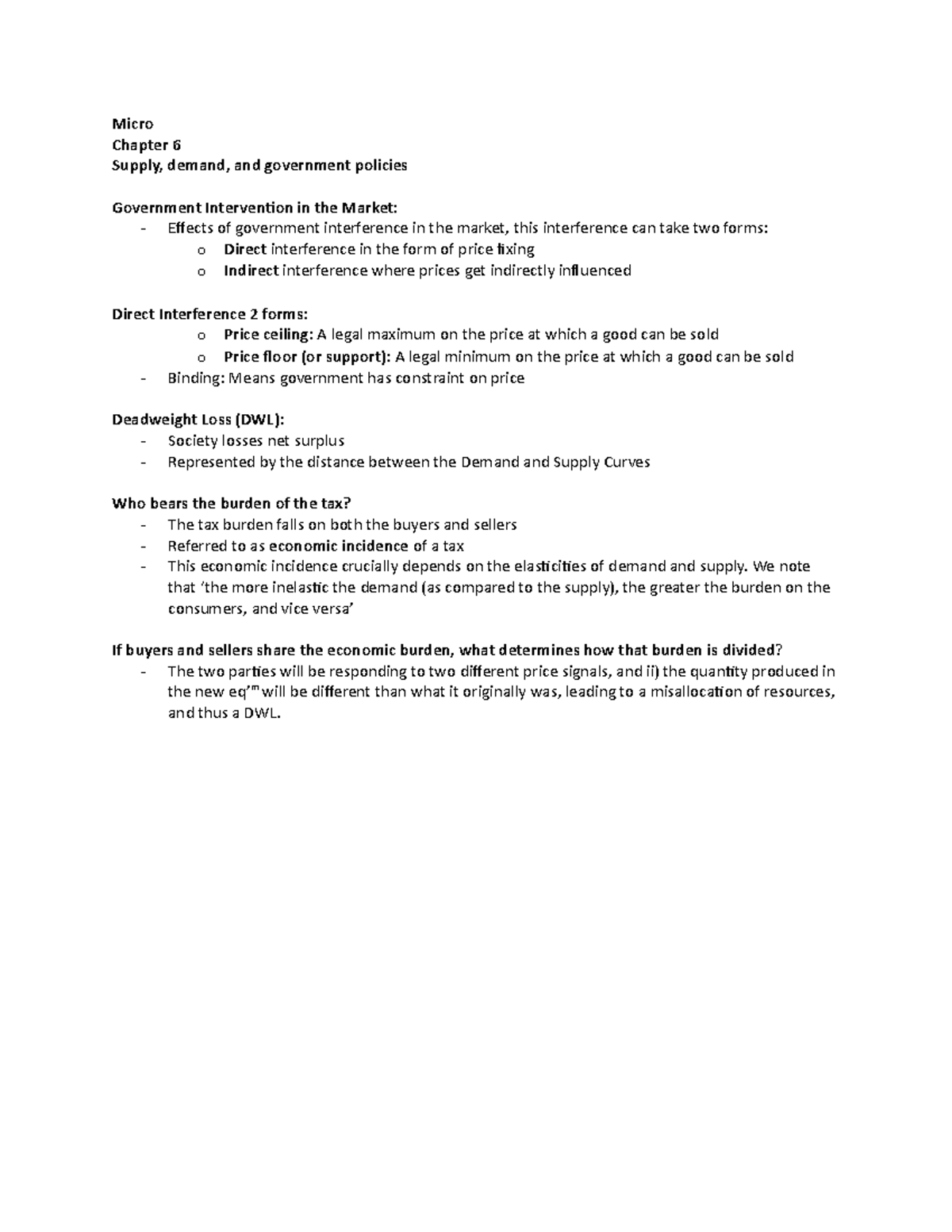 Microeconomics Ch. 6 - Micro Chapter 6 Supply, demand, and government ...