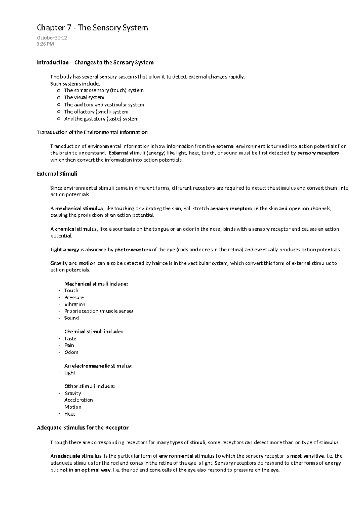 Chapter 7 The Sensory System - Introduction—Changes to the Sensory ...