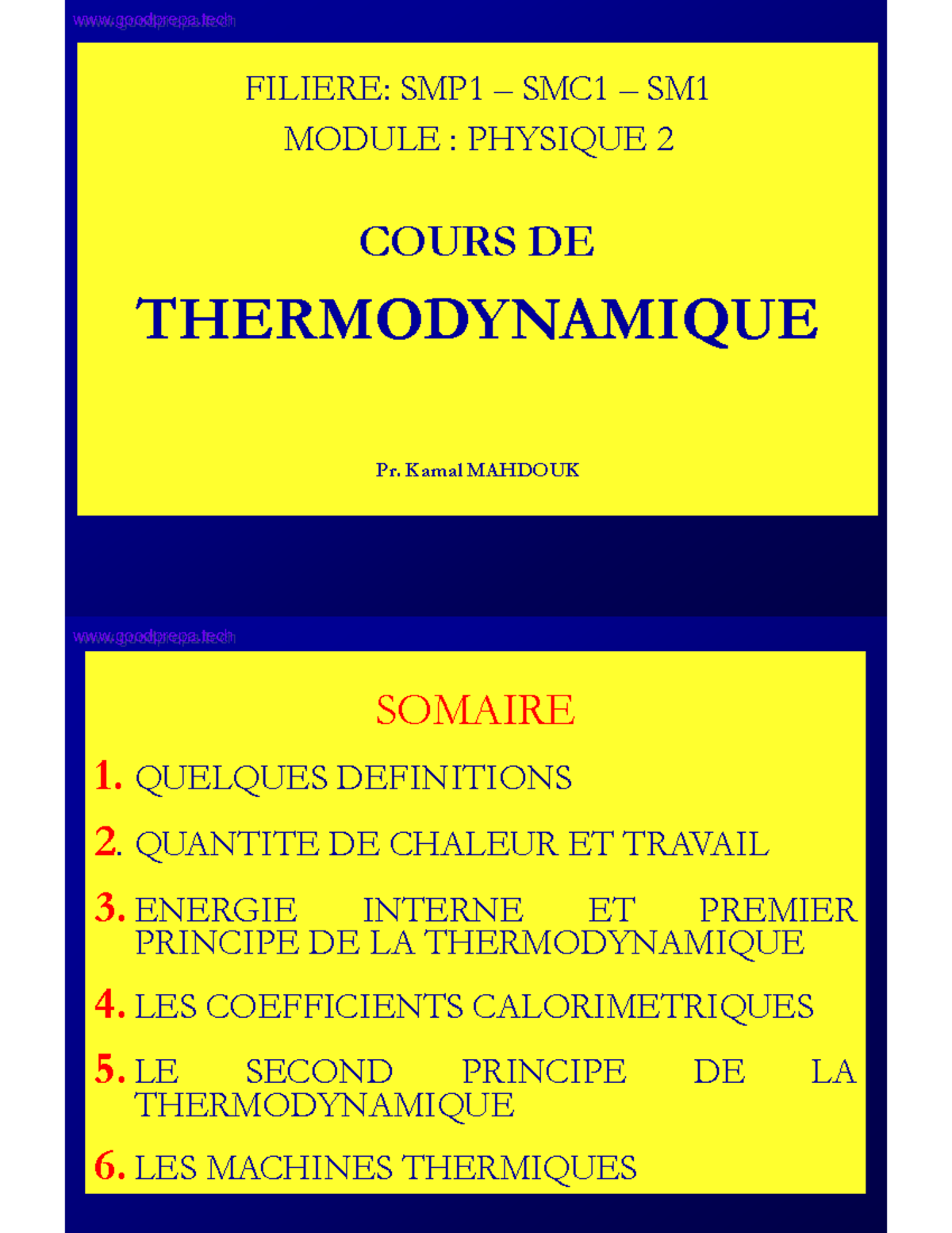 Coures Thermodynamique - FILIERE: SMP1 – SMC1 – SM MODULE : PHYSIQUE 2 ...