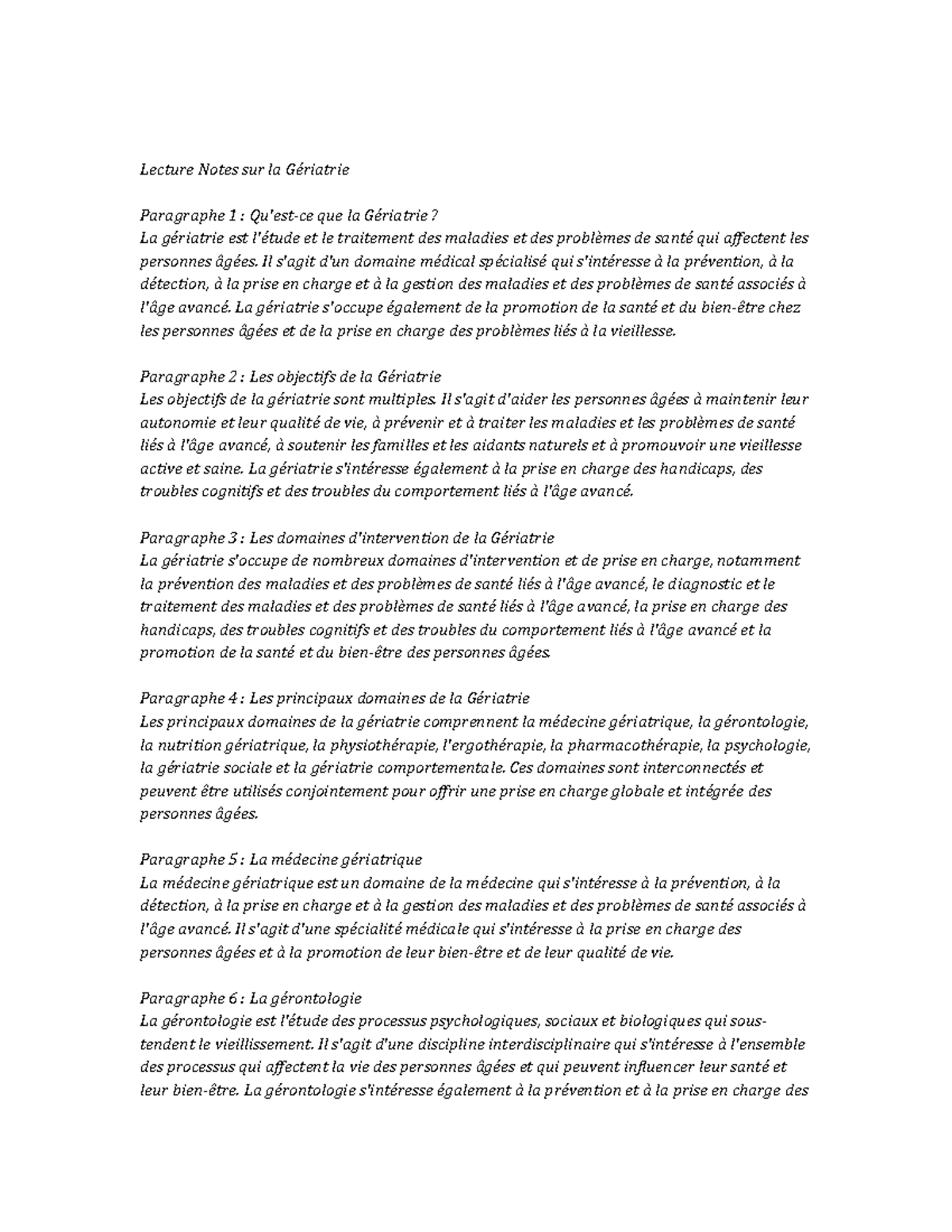 Geriatrics Study Notes Lecture Notes sur la Gériatrie Paragraphe 1 Qu'estce que la