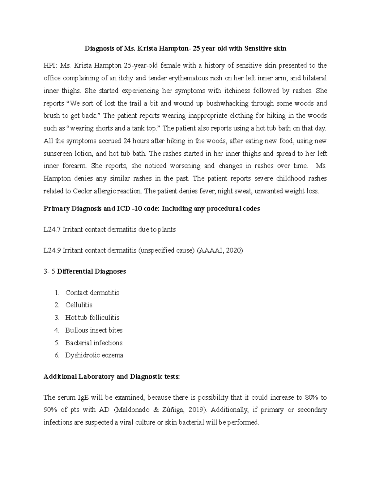 Diagnosis Of Ms Krista Hampton 25 Year Old With Sensitive Skin 