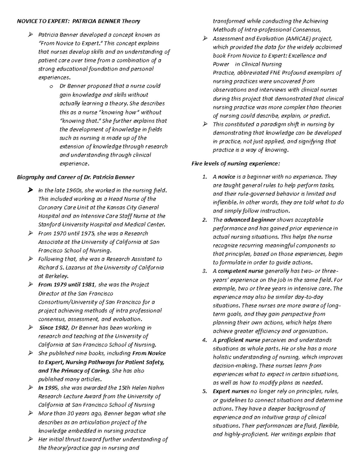 NURSING THEORIST - NOVICE TO EXPERT: PATRICIA BENNER Theory Patricia ...