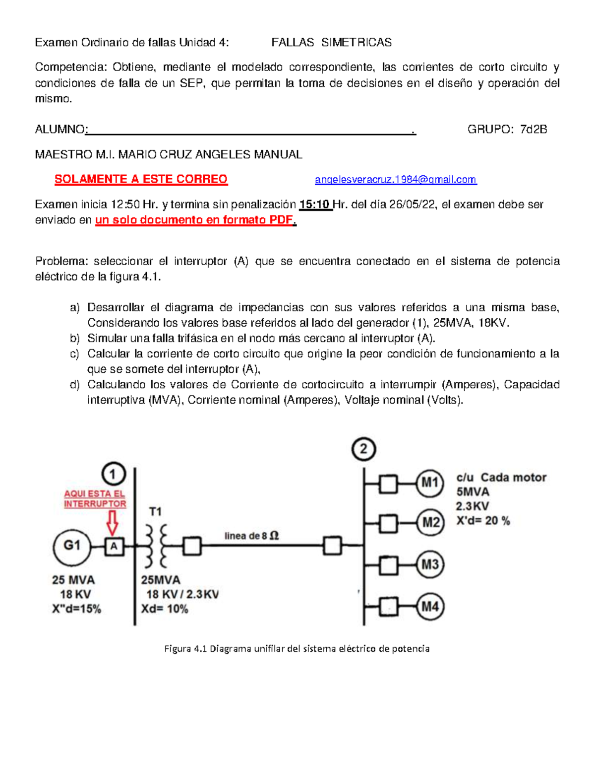 Unidad Modelado De Sistemas Electricos De Potencia Examen Ordinario De Fallas Unidad