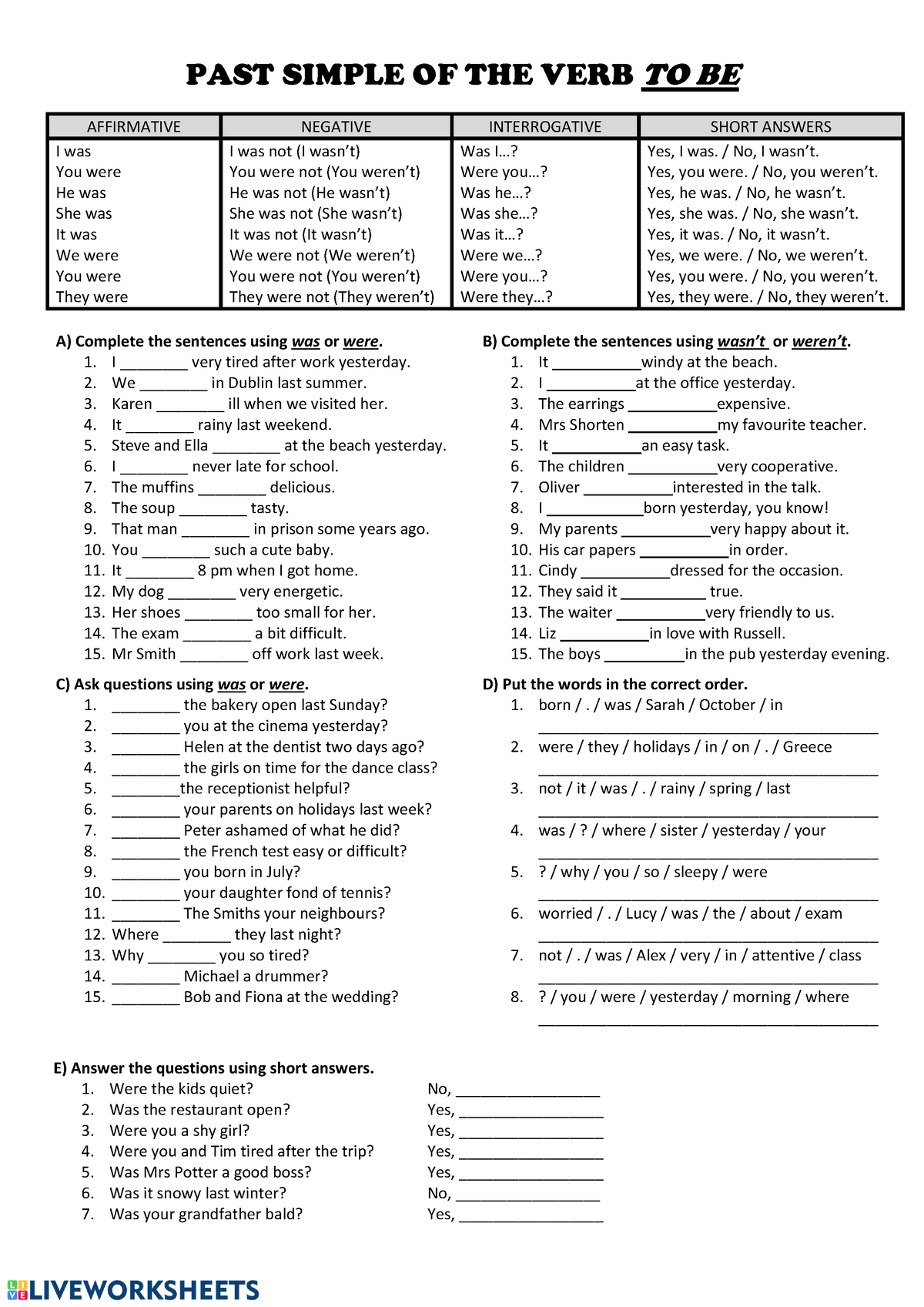 BE Past 03 - Practica - PAST SIMPLE OF THE VERB TO BE AFFIRMATIVE ...