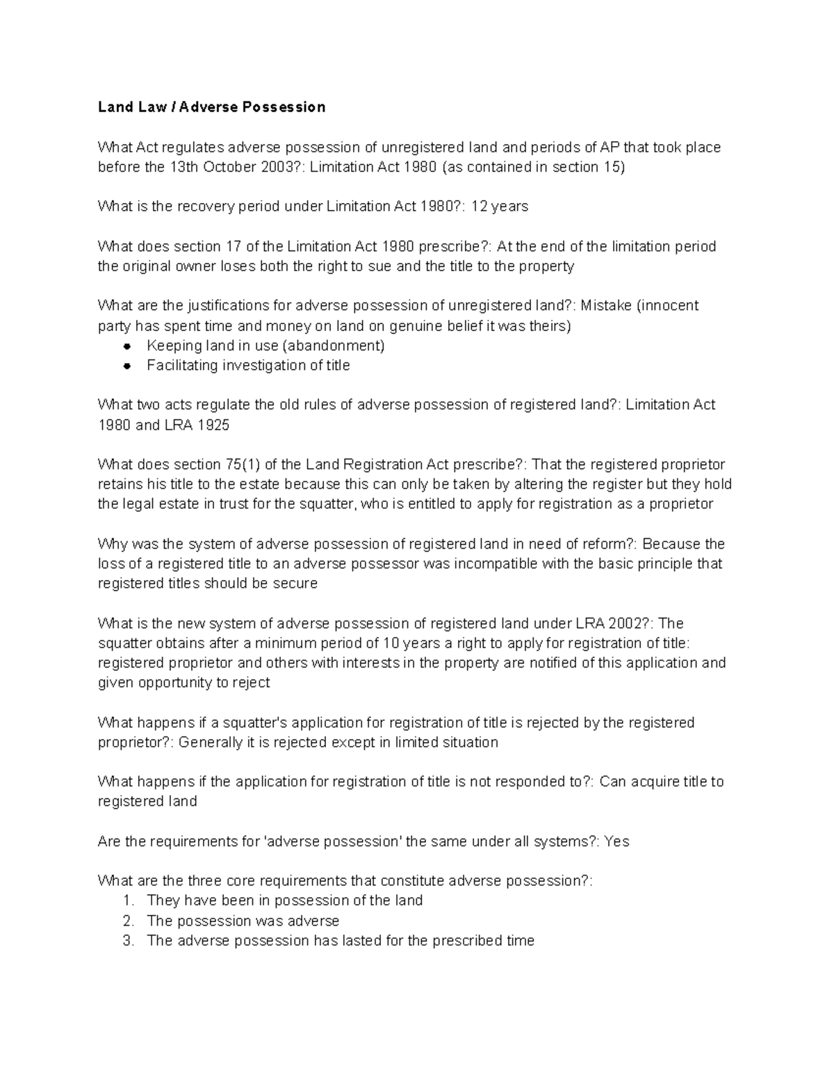Land Law Adverse Possession - Land Law / Adverse Possession What Act ...
