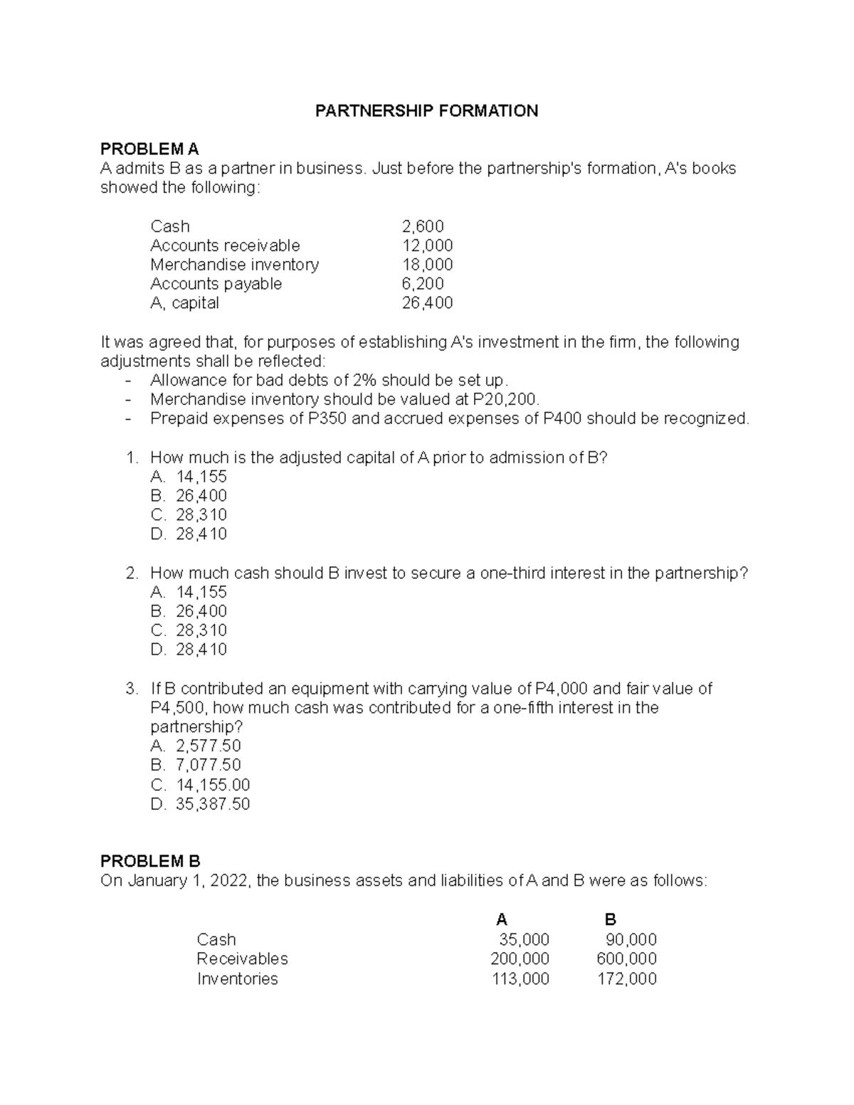 Partnership Exercises - PARTNERSHIP FORMATION PROBLEM A A Admits B As A ...