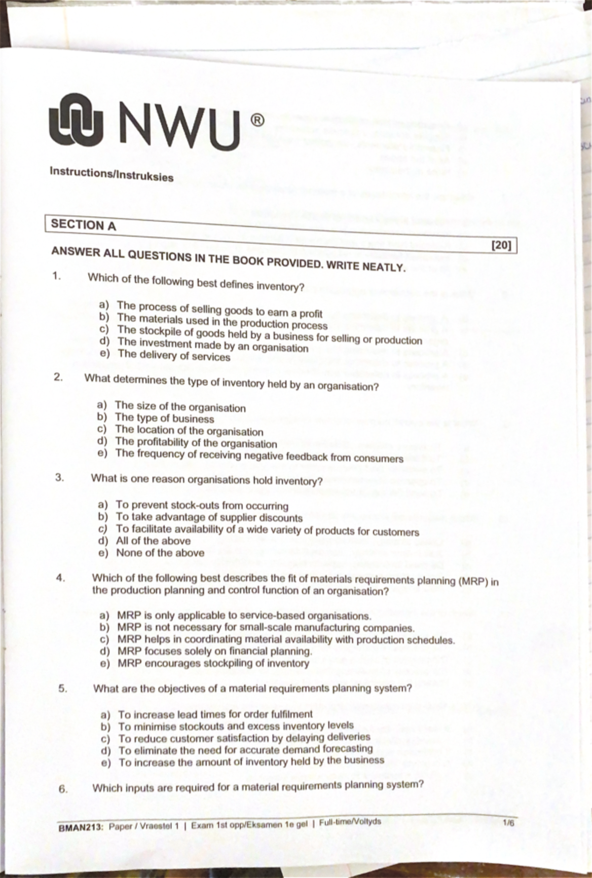 BMAR213 2023 - EXAMINATION - W NWU R SECTION A ANSWER ALL QUESTIONS IN ...