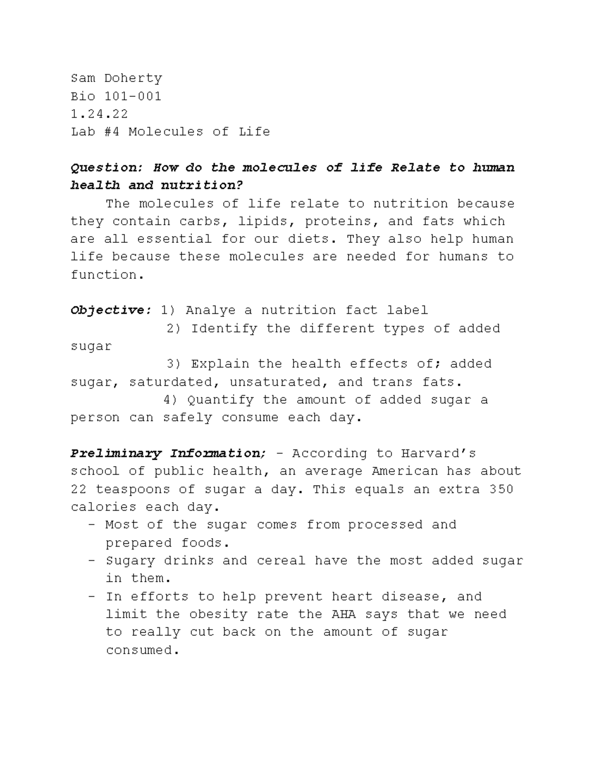 Lab 4 Molecules of LIfe Bio Lab Sam Doherty Bio 101 1. Lab 4
