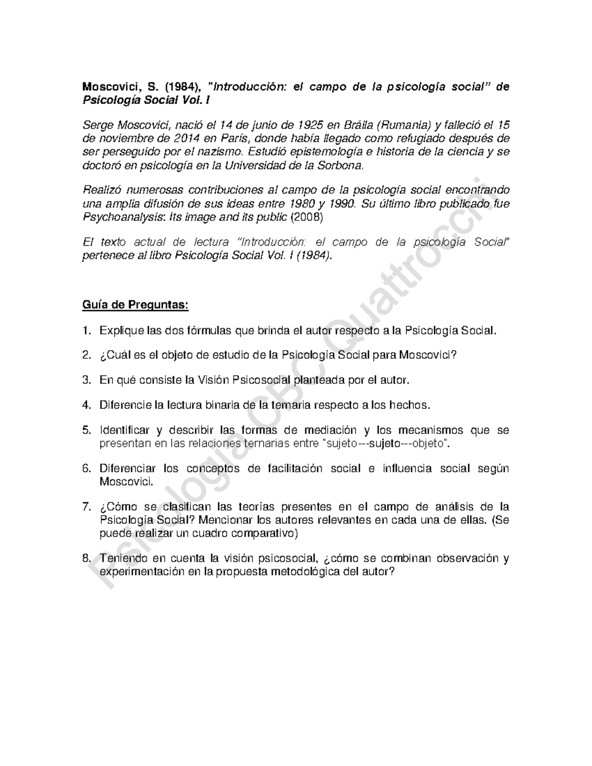 Moscovici,S. - Guía de lectura - Moscovici, S. (1984), 