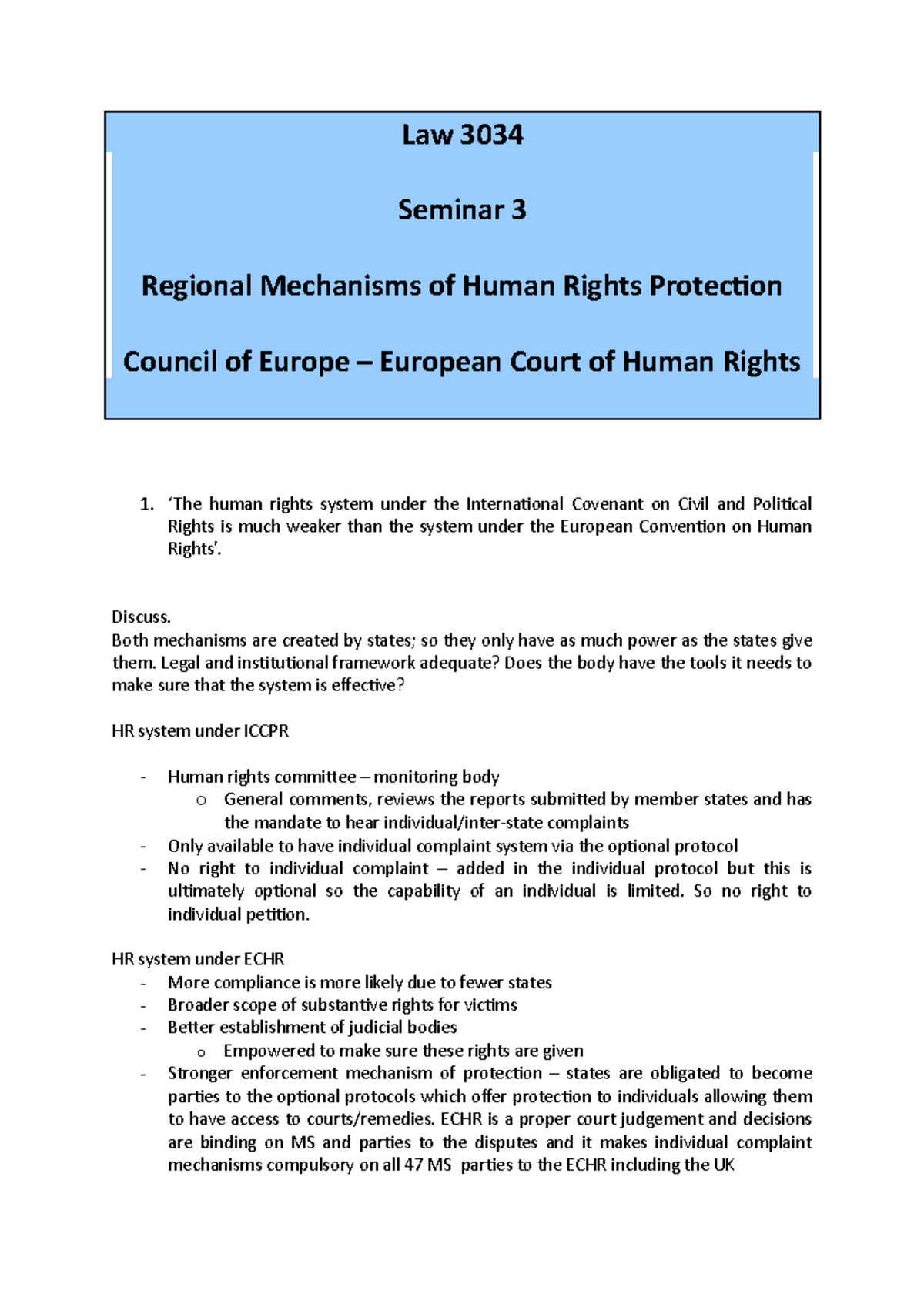 Seminar 3 - Tutorial questions week 3 - Law 3034 Seminar 3 Regional ...