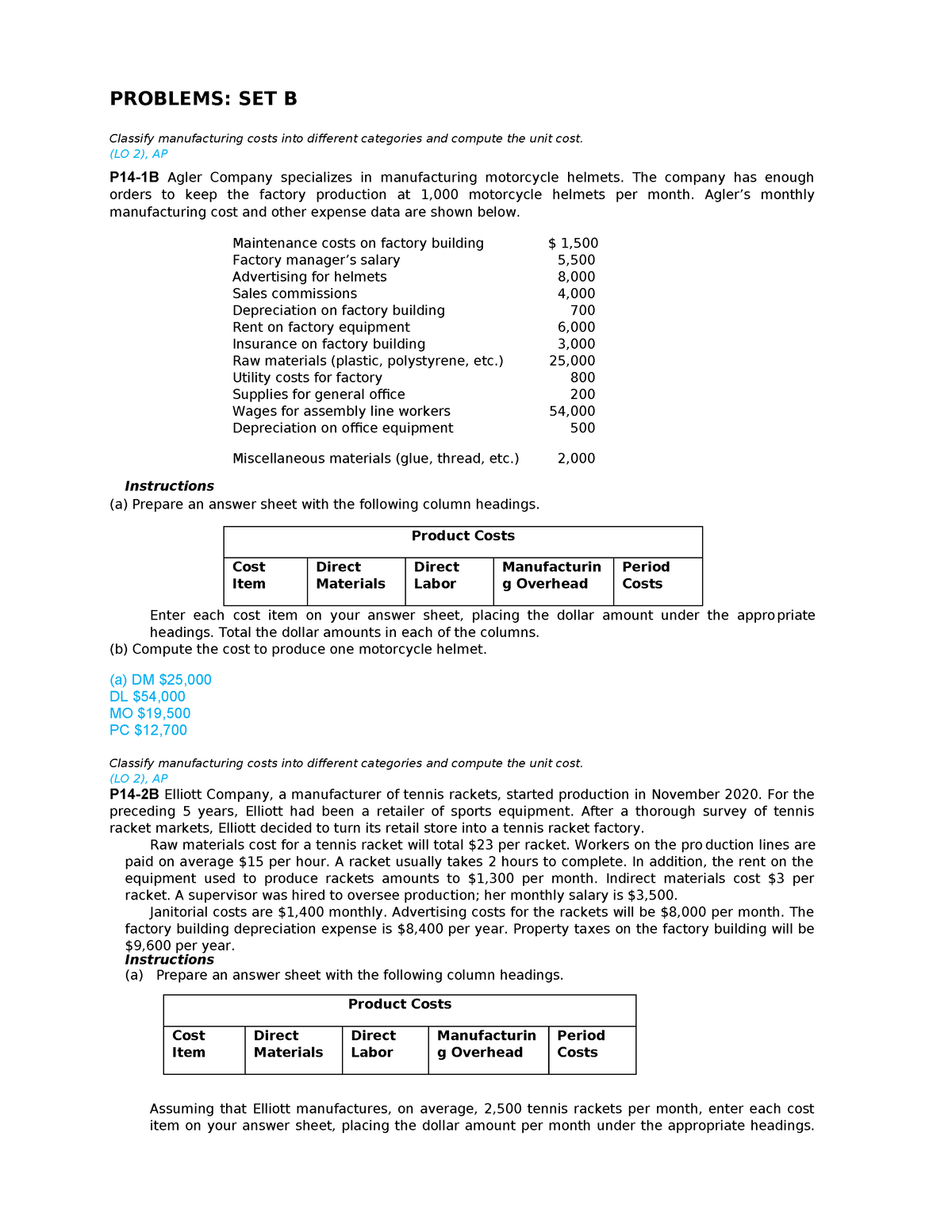 Ch14 Problem Set B Finman 3e - PROBLEMS: SET B Classify Manufacturing ...