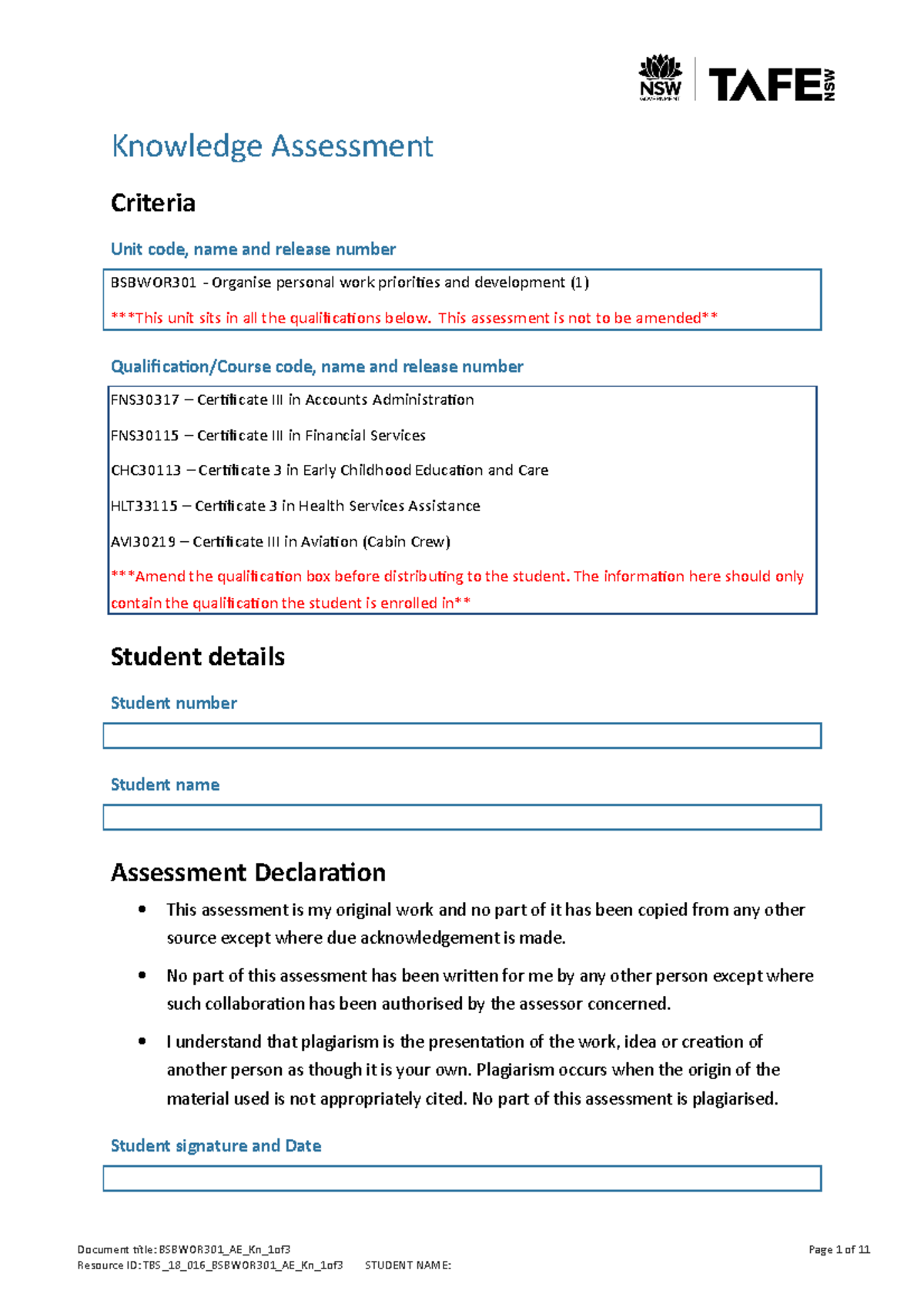 Bsbwor 301 AE Kn 1of3 - Knowledge Assessment Criteria Unit code, name ...