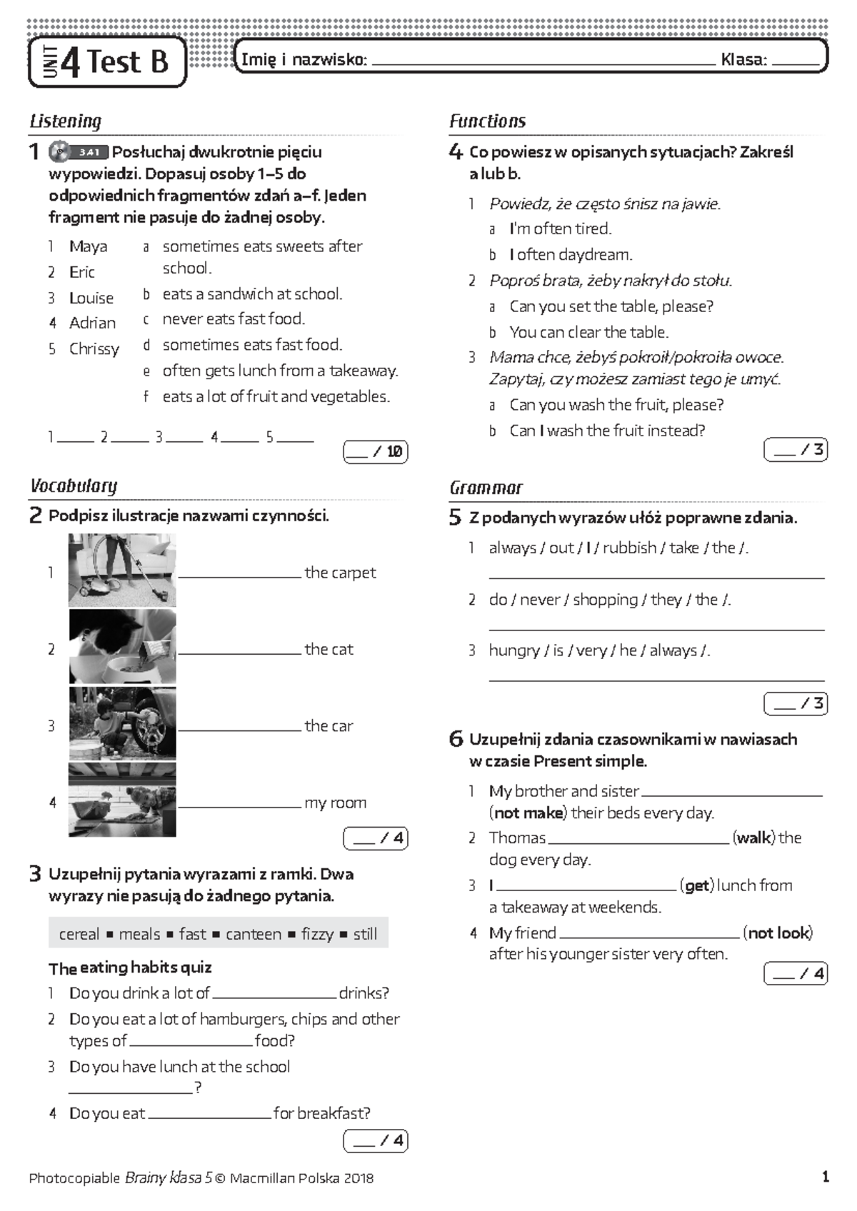 Brainy 5 Unit Test 4 B - UNIT 4 Test B Imię I Nazwisko: Klasa ...