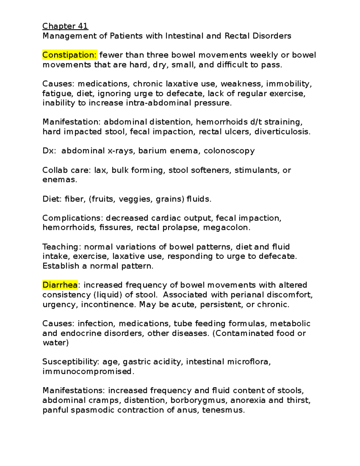 Chapter 41 + 40 - Notes - Management Of Patients With Intestinal And 