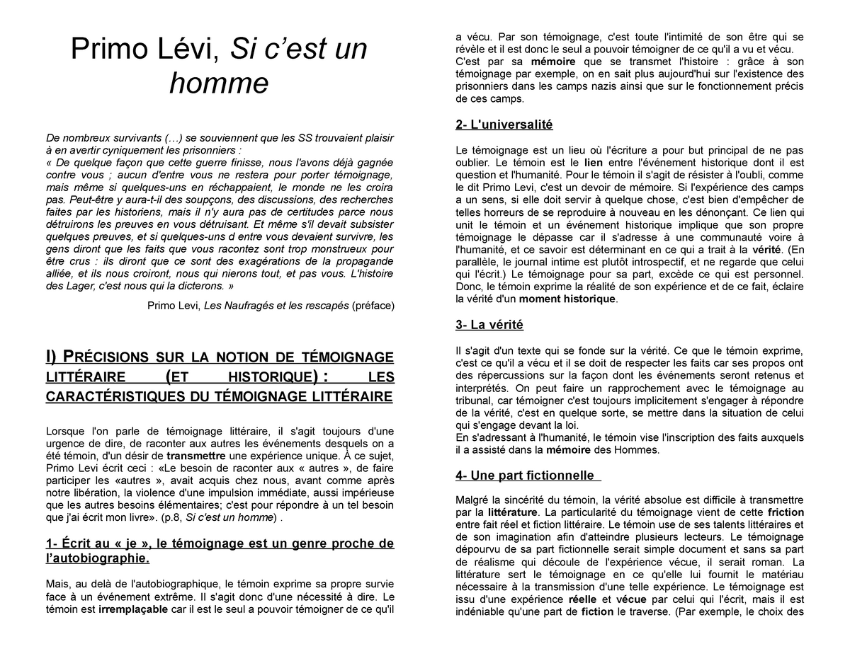 Primo Levi Philosophie Em Lyon Studocu