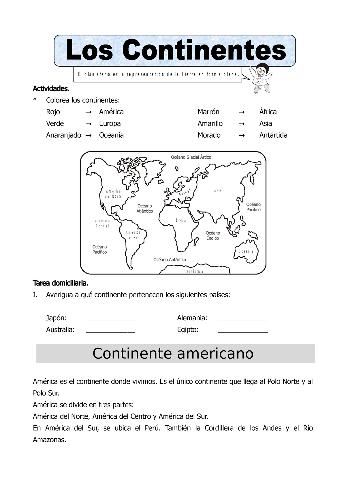 Continentes trabajo de sociales Actividades Colorea los continentes Rojo América Marrón